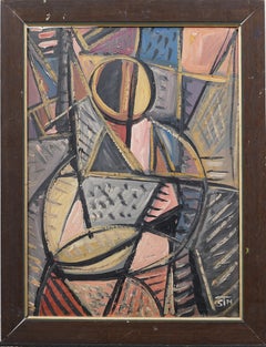 Ancienne peinture à l'huile moderniste américaine abstraite cubiste signée et encadrée