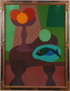 Ancienne peinture à l'huile moderniste américaine abstraite Nature morte vue de l'intérieur encadrée