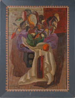 Antique American Modernist Abstract Still Life Interior View Signed Large Oil