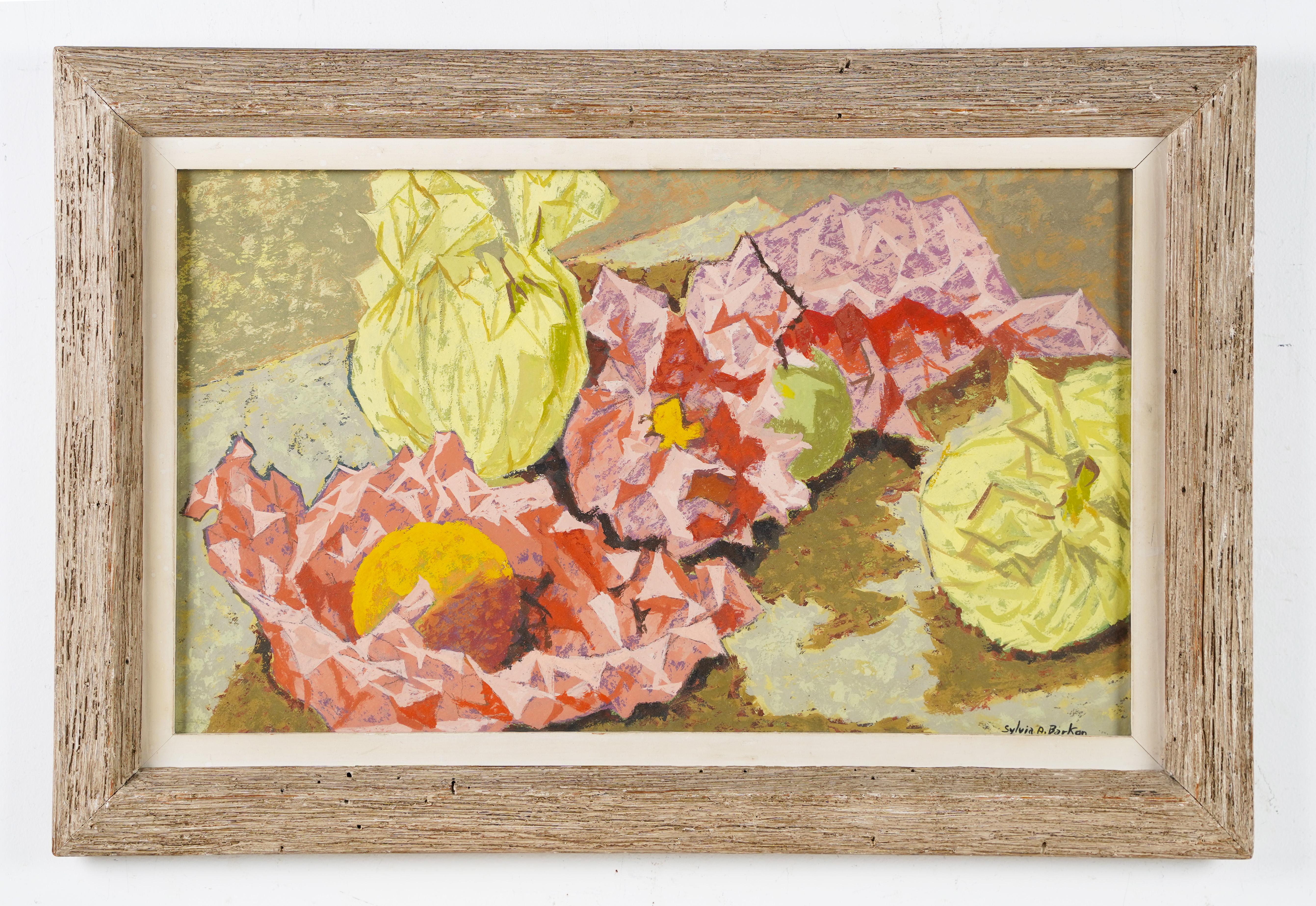 Antico dipinto ad olio americano modernista astratto di natura morta con vista interna firmata - Painting Moderno di Unknown