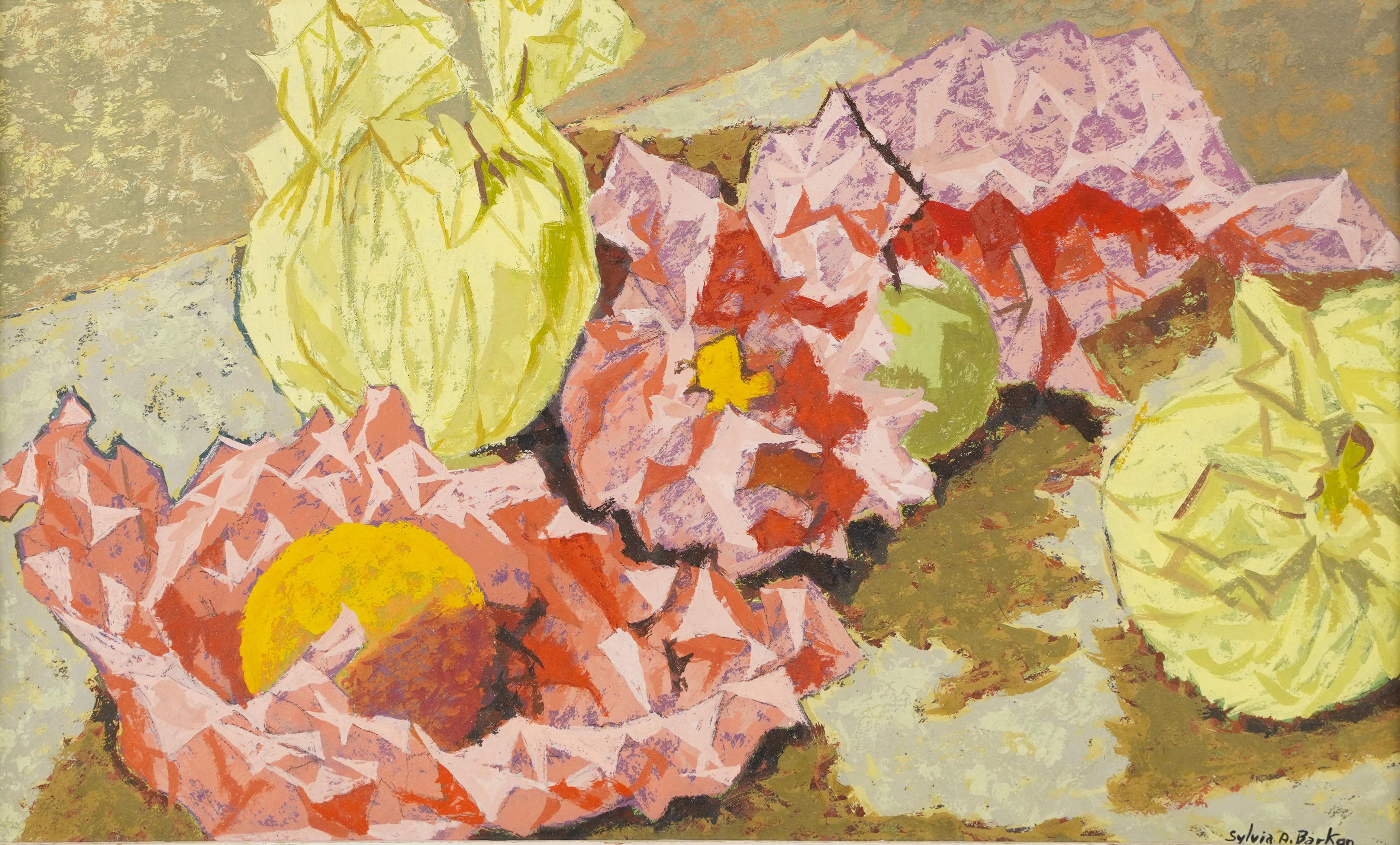 Antikes abstraktes amerikanisches modernistisches Stillleben mit Innenansicht, signiertes Ölgemälde (Braun), Abstract Painting, von Unknown