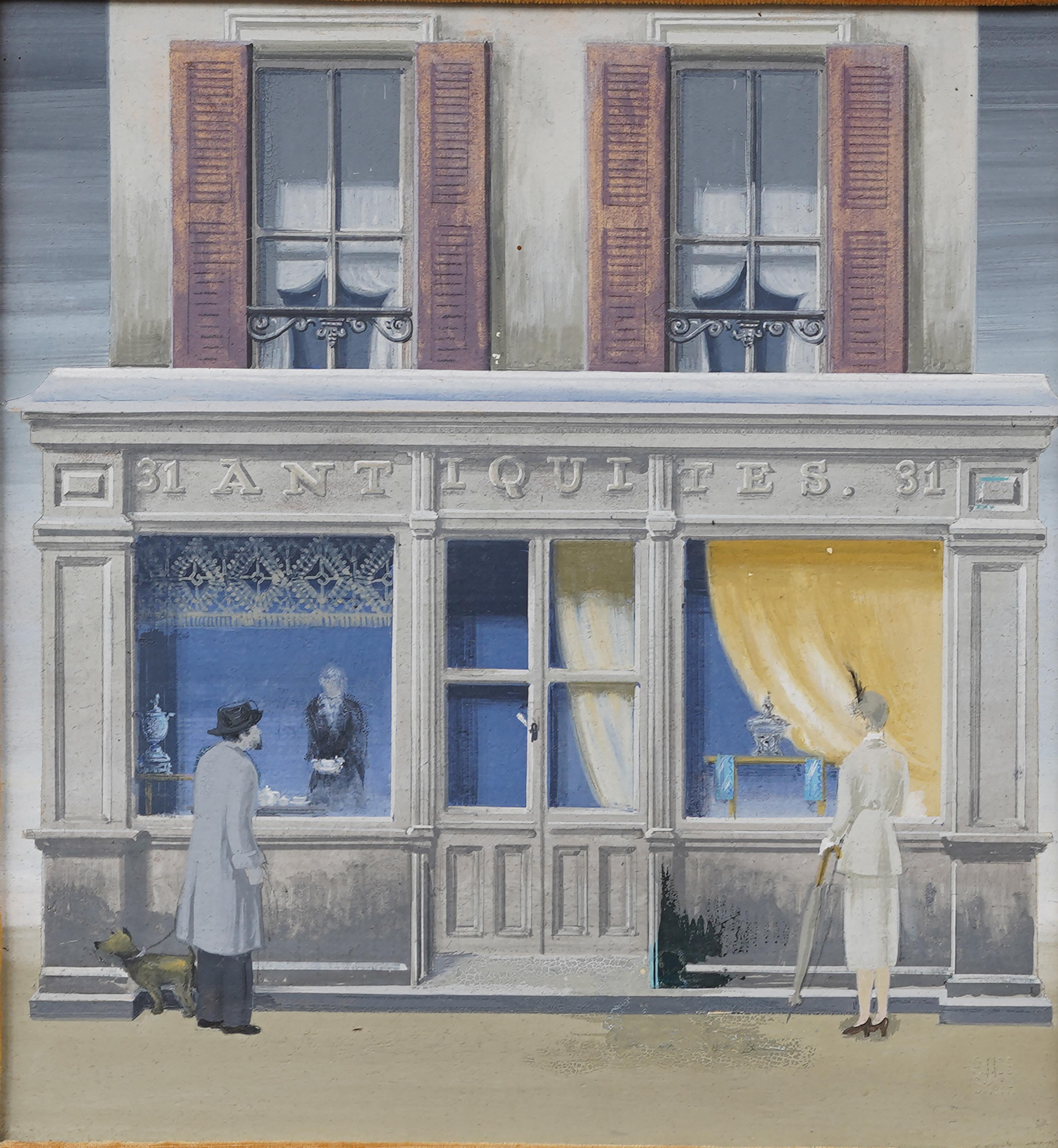 Antique American modernist street scene oil painting. Oil on canvas, lain to board. Signed. Framed.  In excellent original condition. Handsomely framed in a  whitewood molding.  Excellent condition, ready to hang and enjoy. 