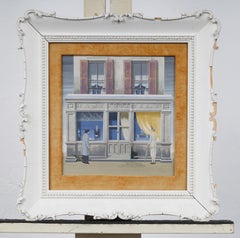 Antique American Modernist "Antiquities Store" Framed Street Scene Oil Painting