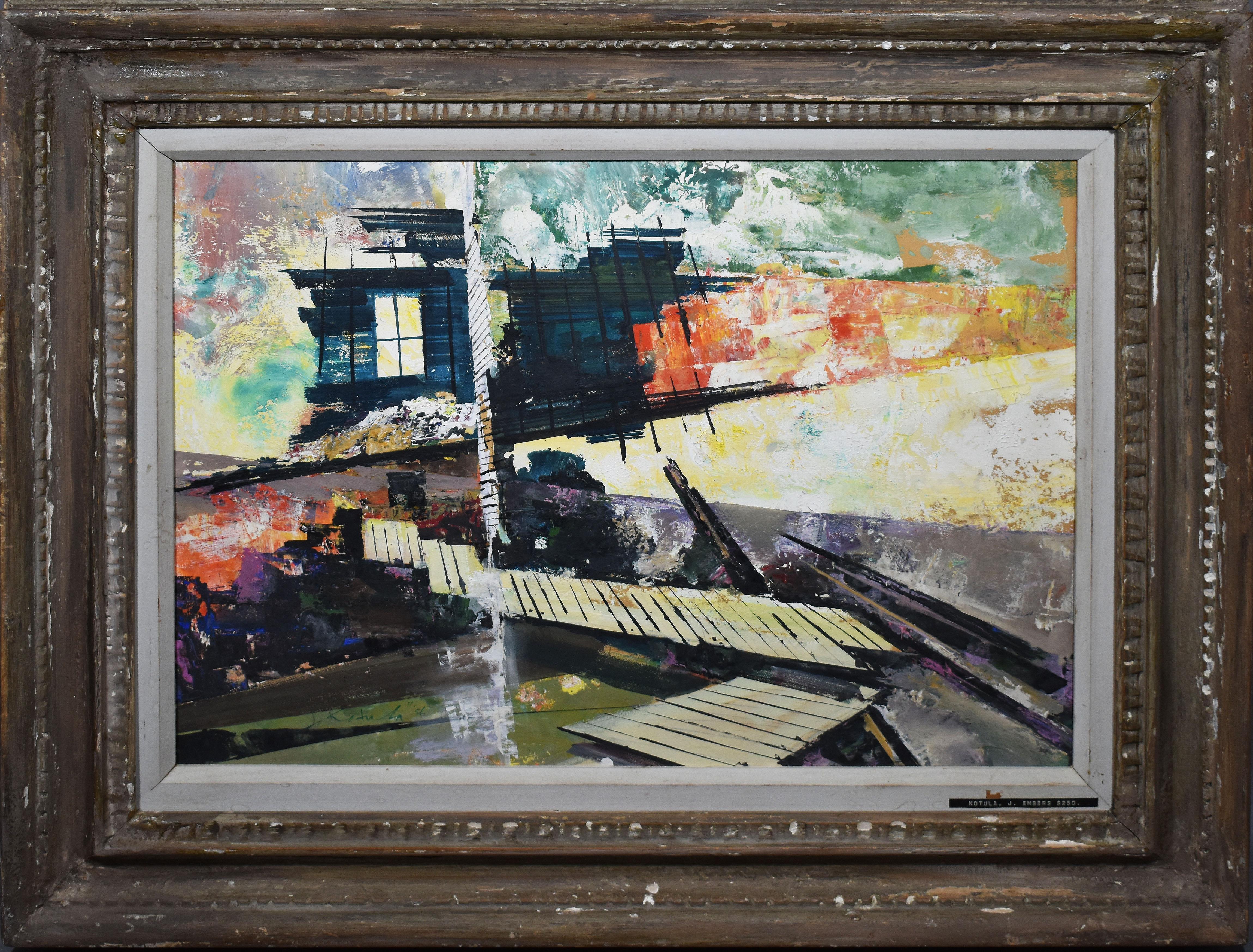 Unknown Abstract Painting - Antique American Modernist Architectural Abstract City View Signed Oil Painting