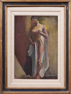 Antique American Modernist Art Deco Cubist Nude Interior Scene Framed Painting