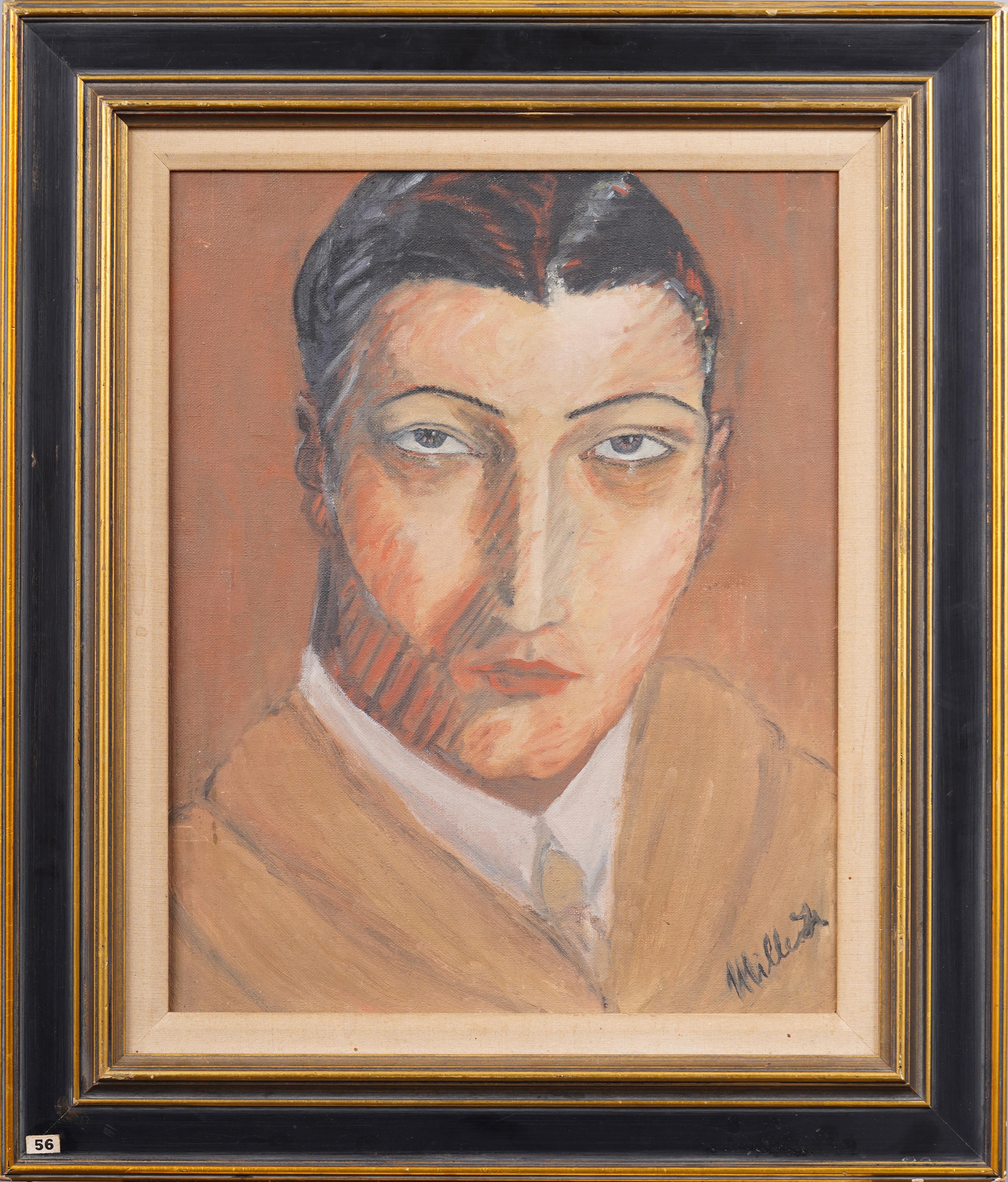 Antiguo cuadro enmarcado Art Decó Modernista Americano Exhibido Retrato Firmado - Painting de Unknown