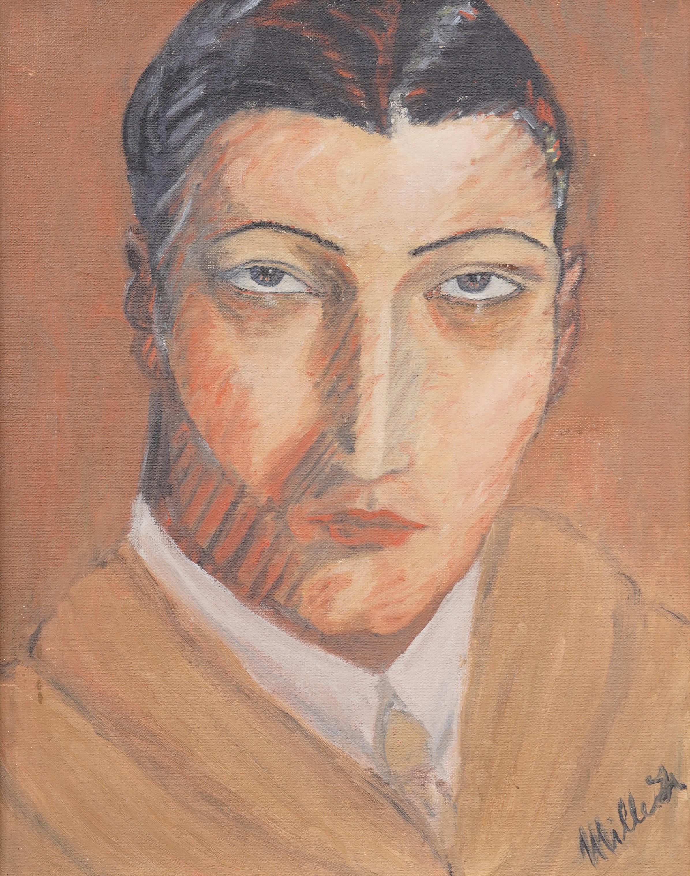 Antiguo cuadro enmarcado Art Decó Modernista Americano Exhibido Retrato Firmado - Painting Moderno de Unknown