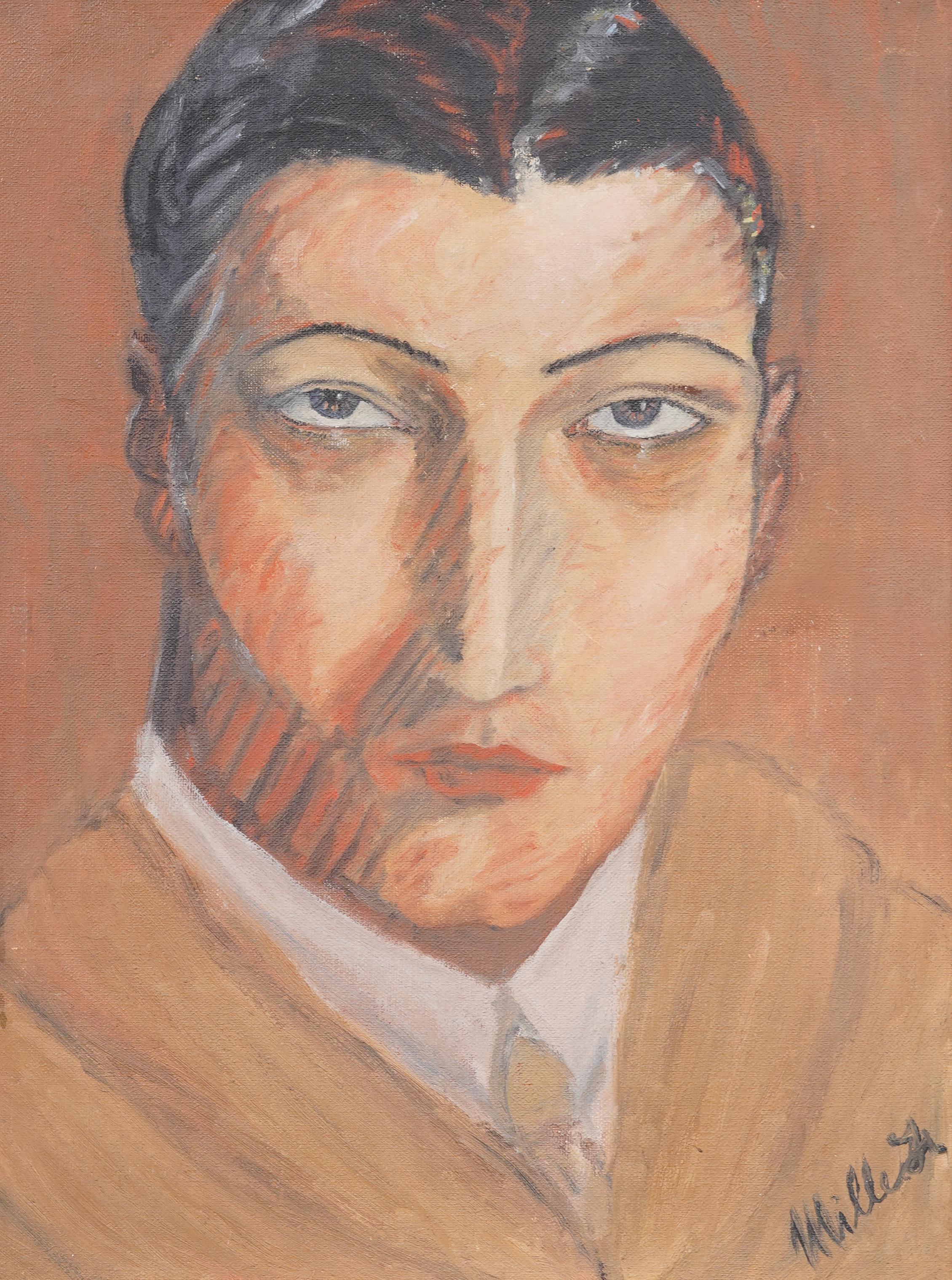 Antiguo cuadro enmarcado Art Decó Modernista Americano Exhibido Retrato Firmado - Portrait Painting Marrón de Unknown