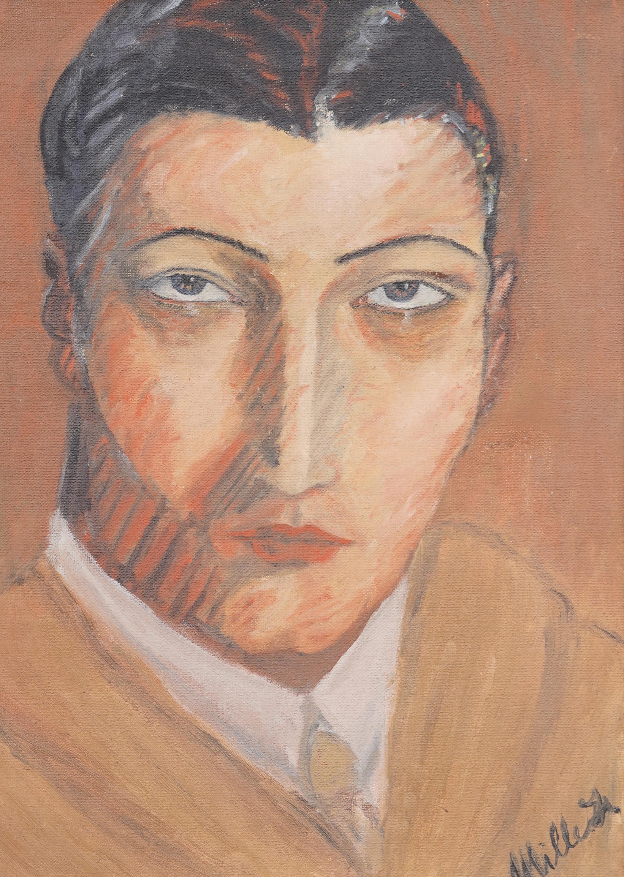 Maravilloso retrato modernista estadounidense finamente pintado.  Enmarcado.  Óleo sobre lienzo.  Firmado.  Tamaño de la imagen, 20H por 16L.