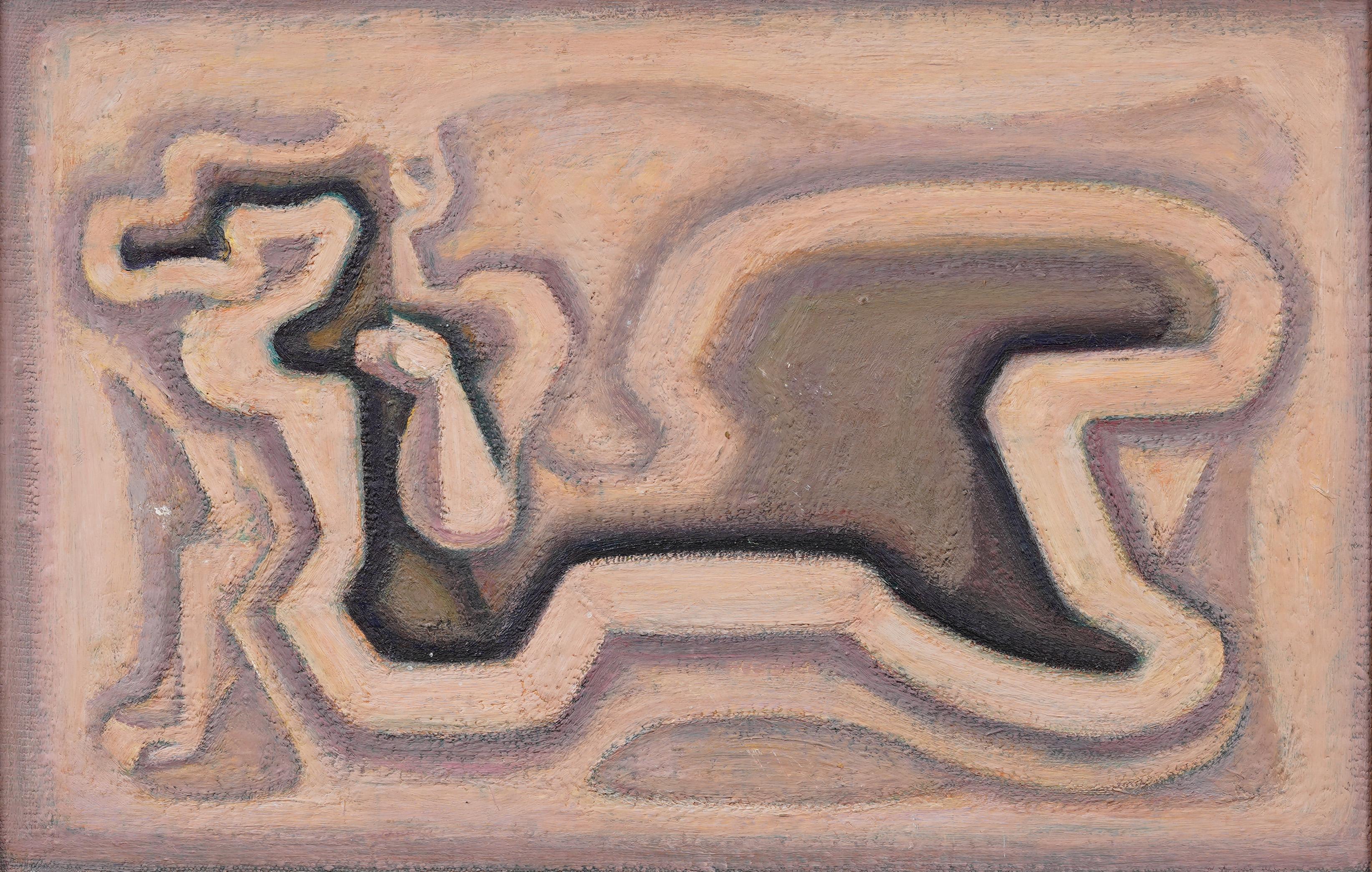 Impressive early American modernist nude portrait painting.  Framed.  Oil on board. Image size, 13H by 20L.