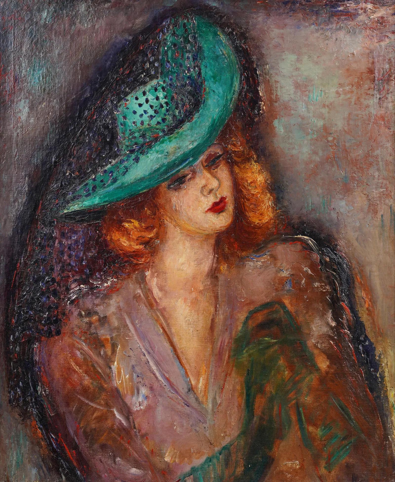 Antiguo cuadro al óleo americano modernista Art Decó Retrato de mujer enmarcado - Painting Moderno de Unknown