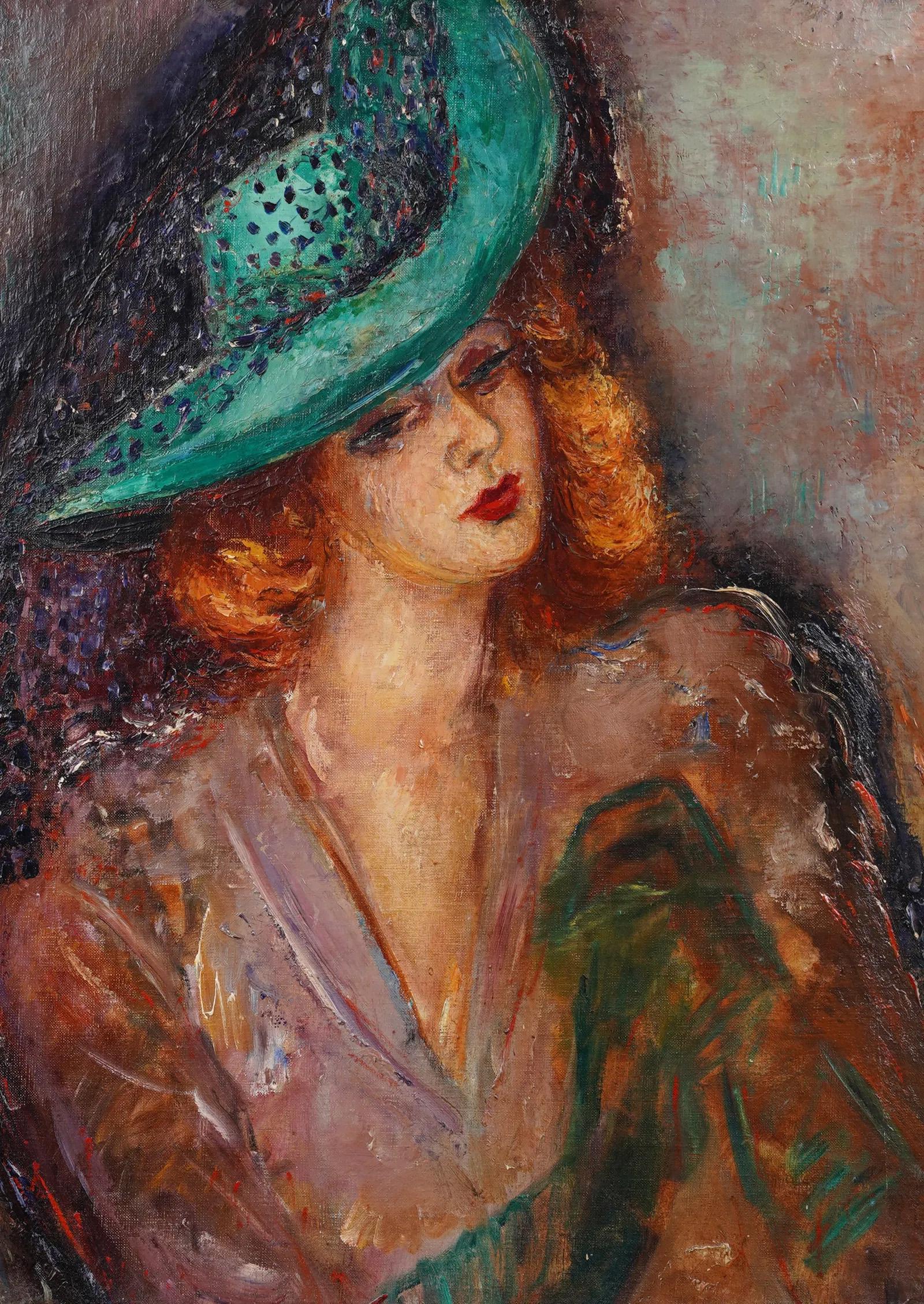 Antiguo cuadro al óleo americano modernista Art Decó Retrato de mujer enmarcado - Portrait Painting Marrón de Unknown