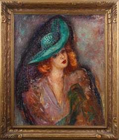 Antiguo cuadro al óleo americano modernista Art Decó Retrato de mujer enmarcado