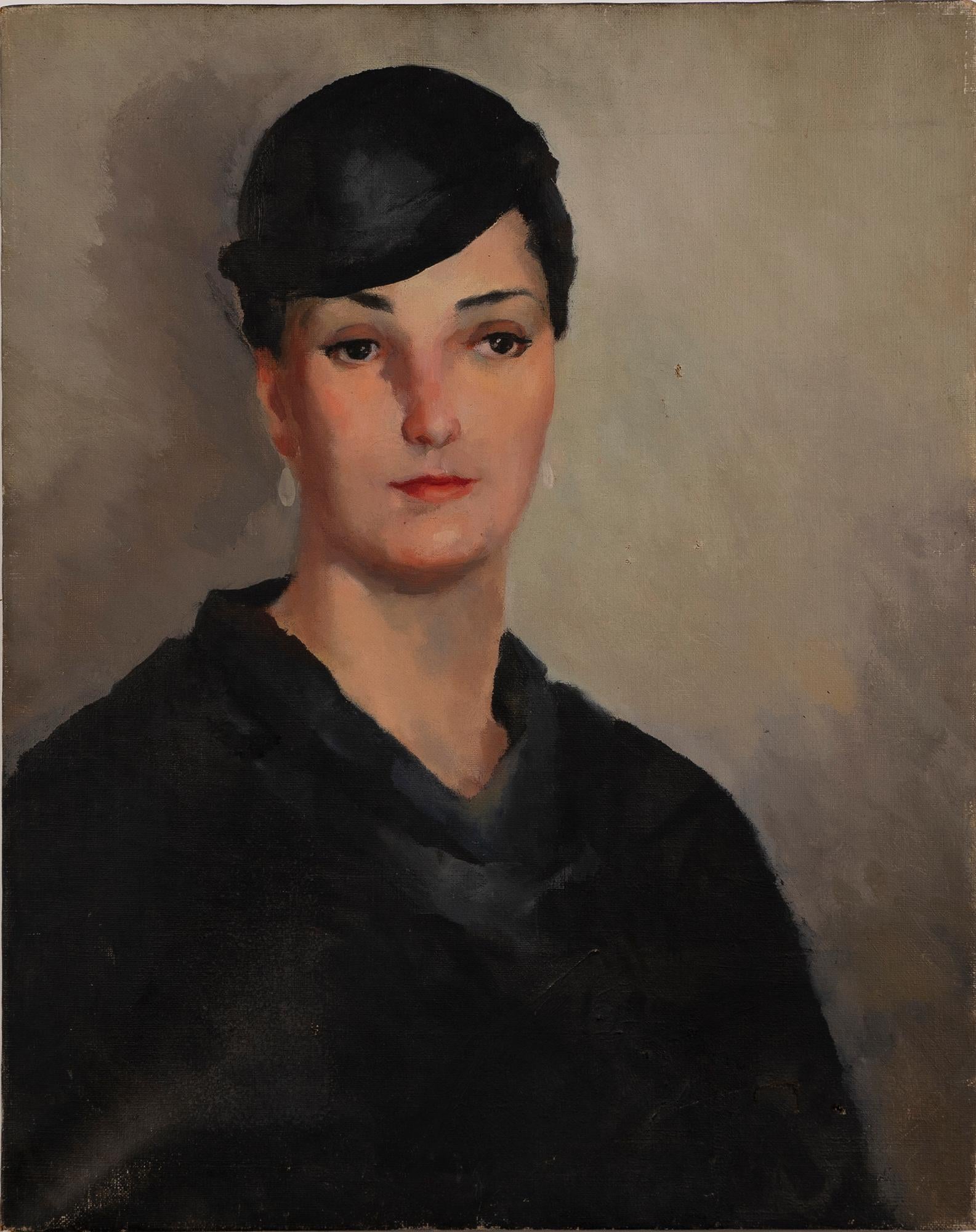 Unknown Portrait Painting - Antique American Modernist Art Deco Young Woman Original Portrait Oil Painting