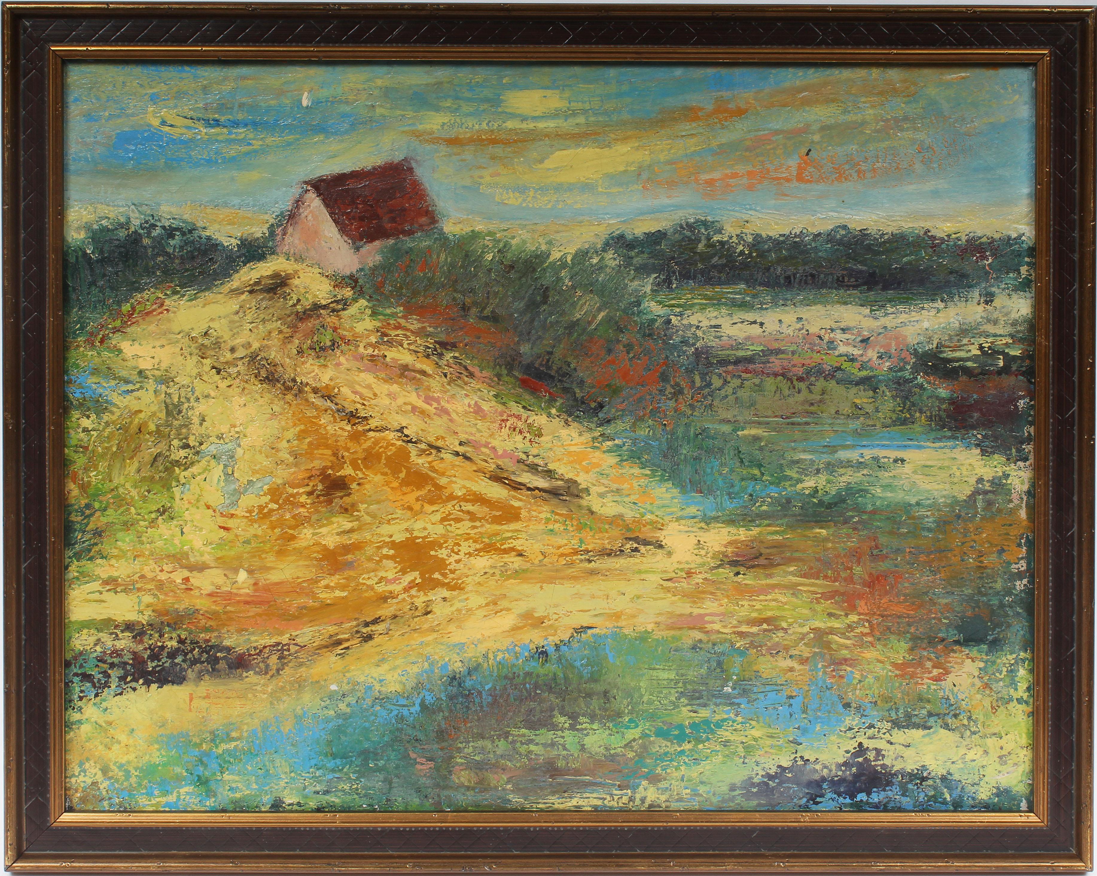 Unknown Landscape Painting - Antique American Modernist Beach Sunset Landscape Original Hampton Oil Painting 