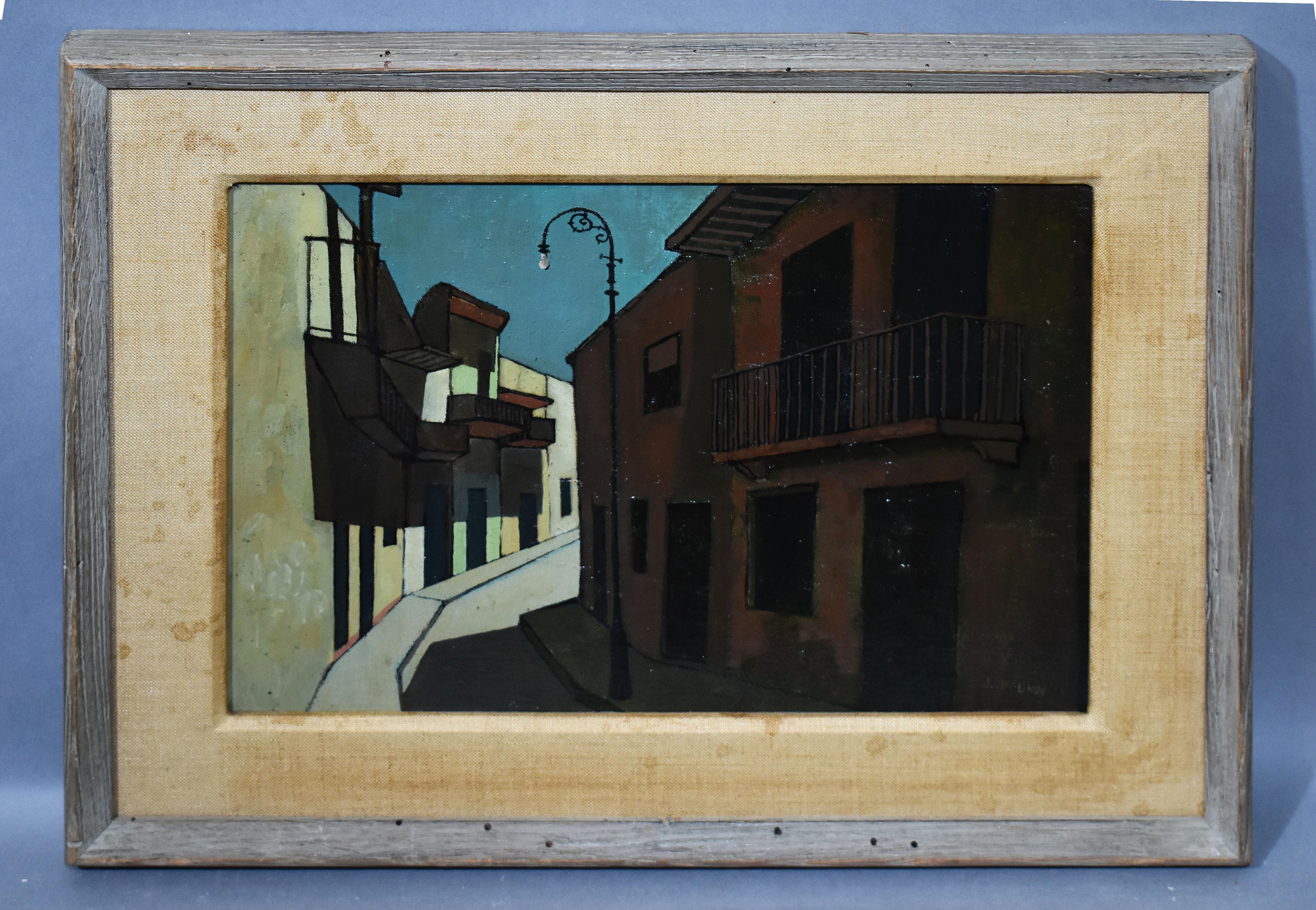 Antique American Modernist Cityscape Moody Street Scene Signed Oil Painting - Brown Landscape Painting by Unknown