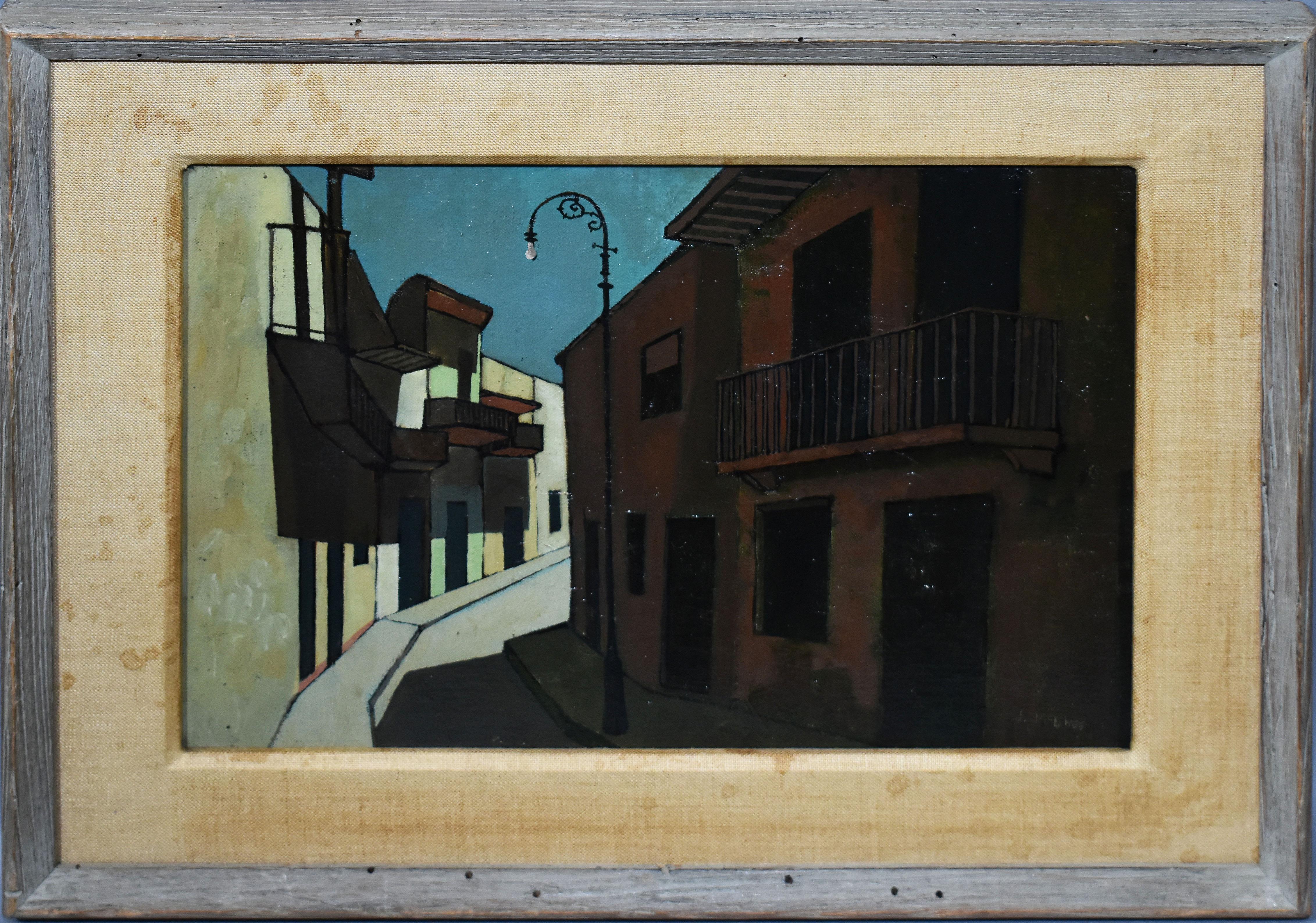 Unknown Landscape Painting - Antique American Modernist Cityscape Moody Street Scene Signed Oil Painting