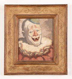 Antique American Modernist Clown Portrait Signed Framed Circus Oil Painting