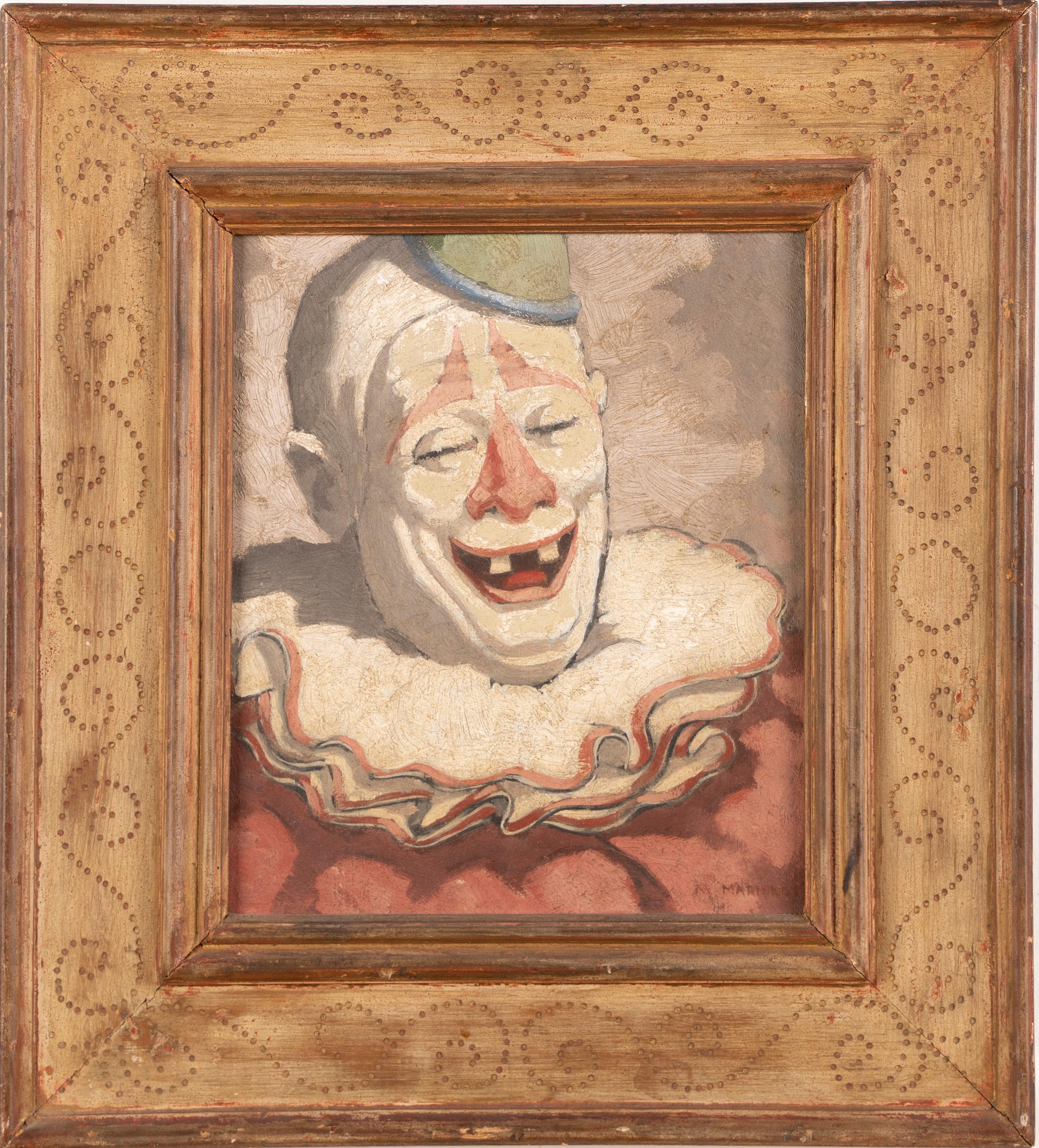 Unknown Portrait Painting - Antique American Modernist Clown Portrait Signed Framed Circus Oil Painting 