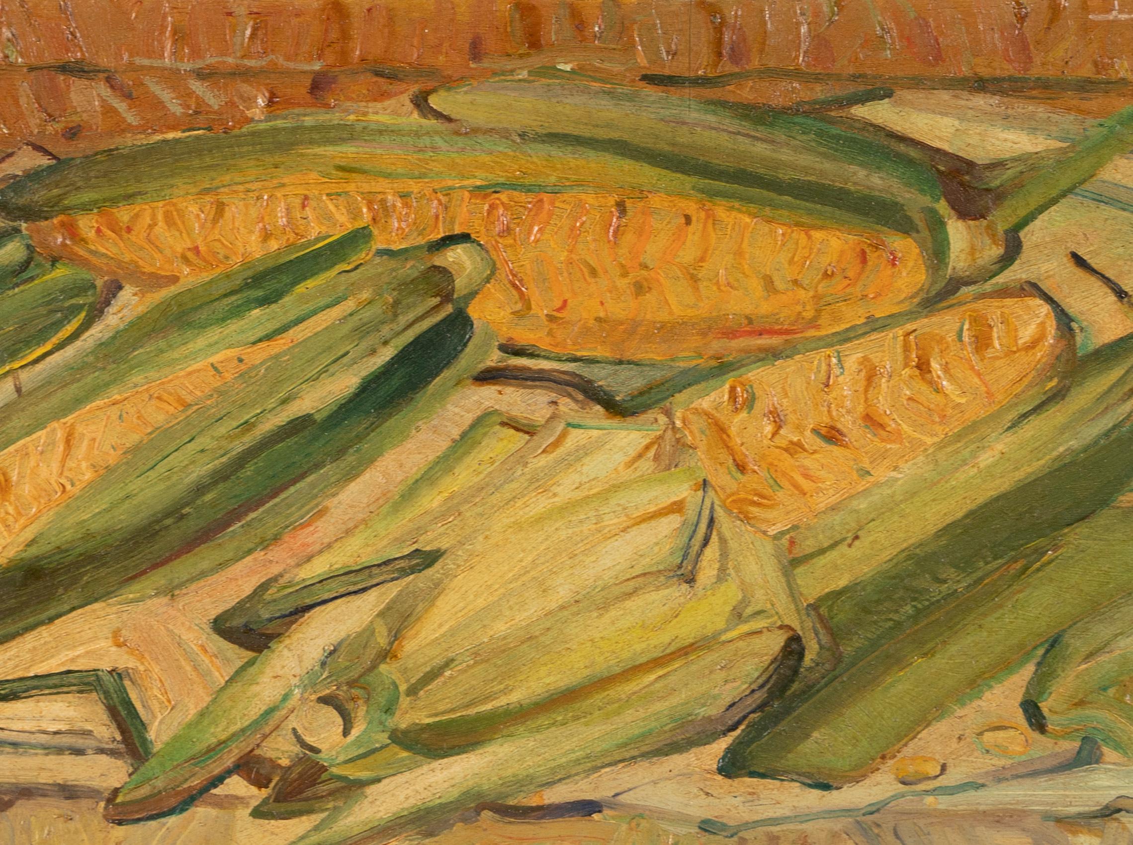 Antique American Modernist Corn Still Life Signed Vintage Original Oil Painting - Brown Still-Life Painting by Unknown