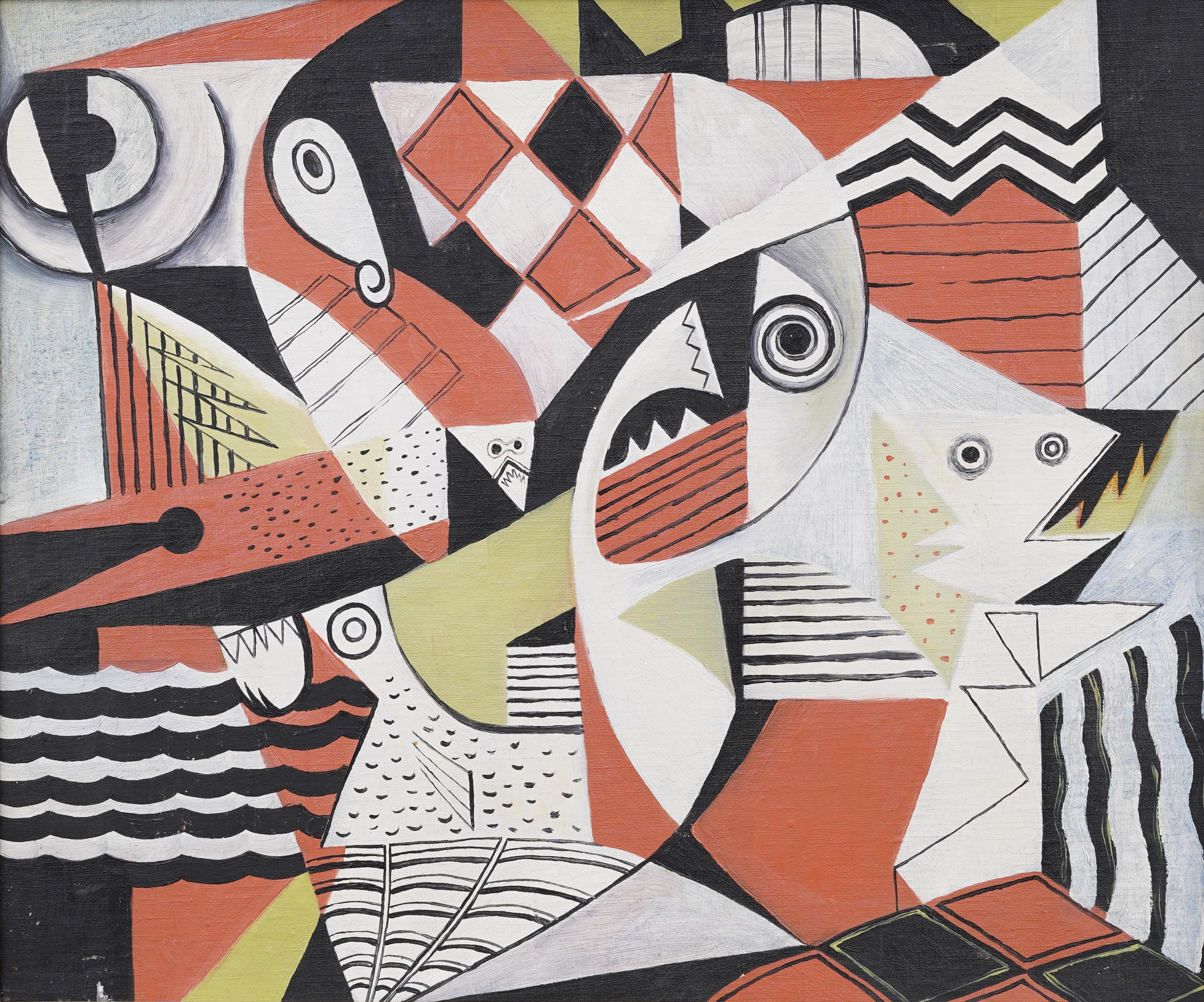 Antike amerikanische Modernist kubistische abstrakte Seelandschaft gerahmt Fisch Ölgemälde (Kubismus), Painting, von Unknown