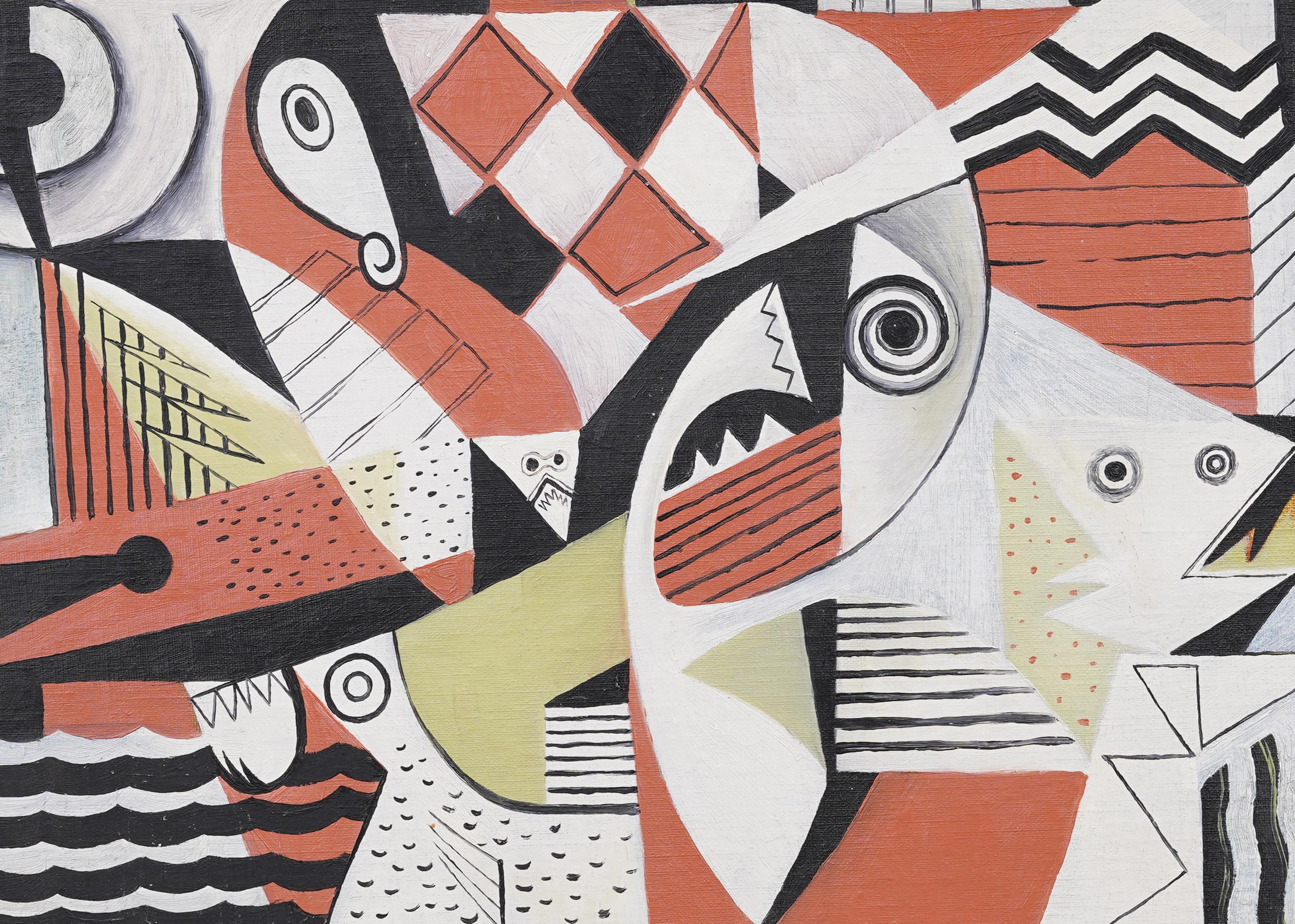 Antico quadro ad olio americano modernista cubista astratto con cornice a forma di pesce 1