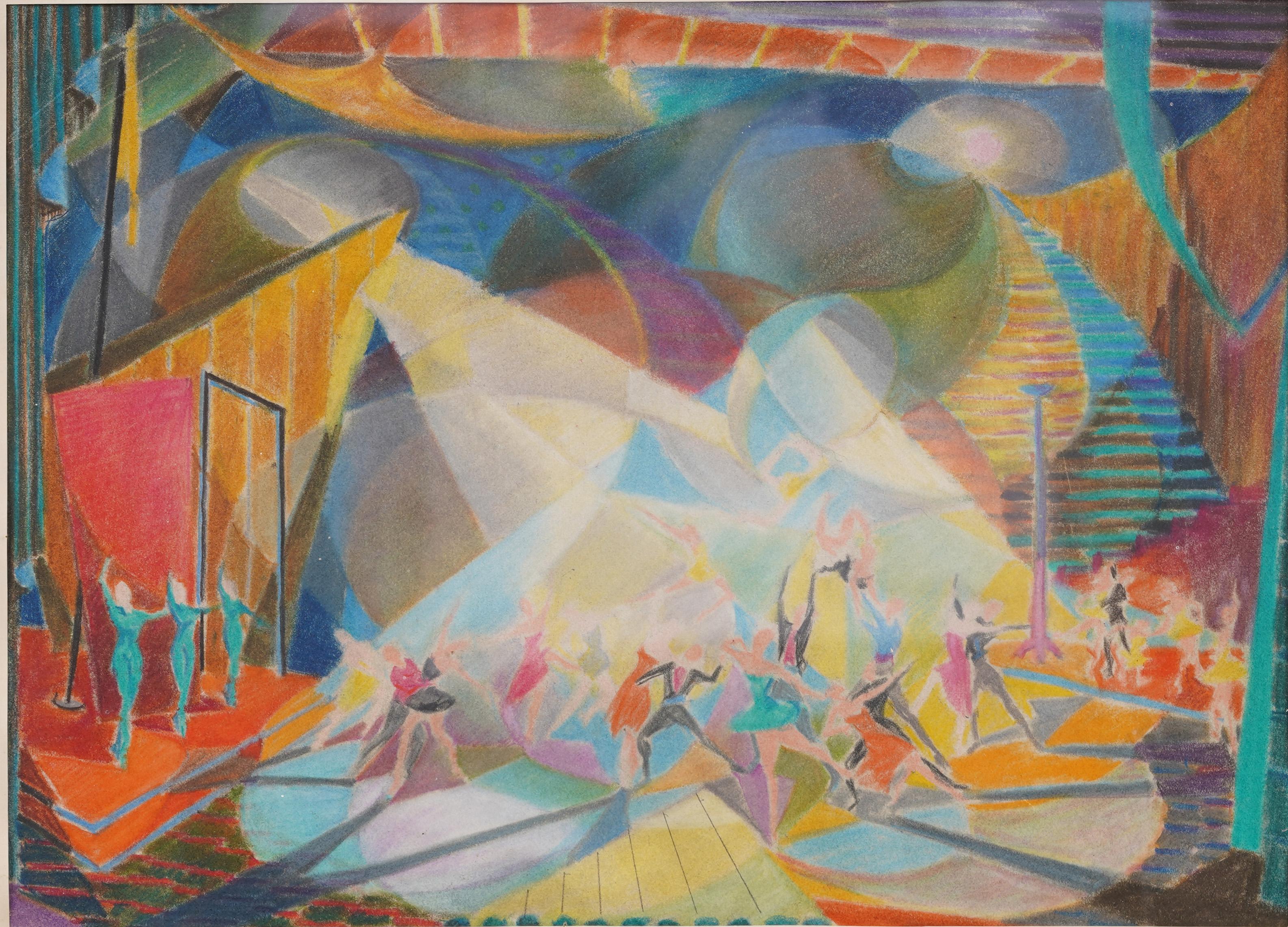 Antico dipinto originale modernista americano cubista di ballerine, incorniciato - Painting Cubismo di Unknown