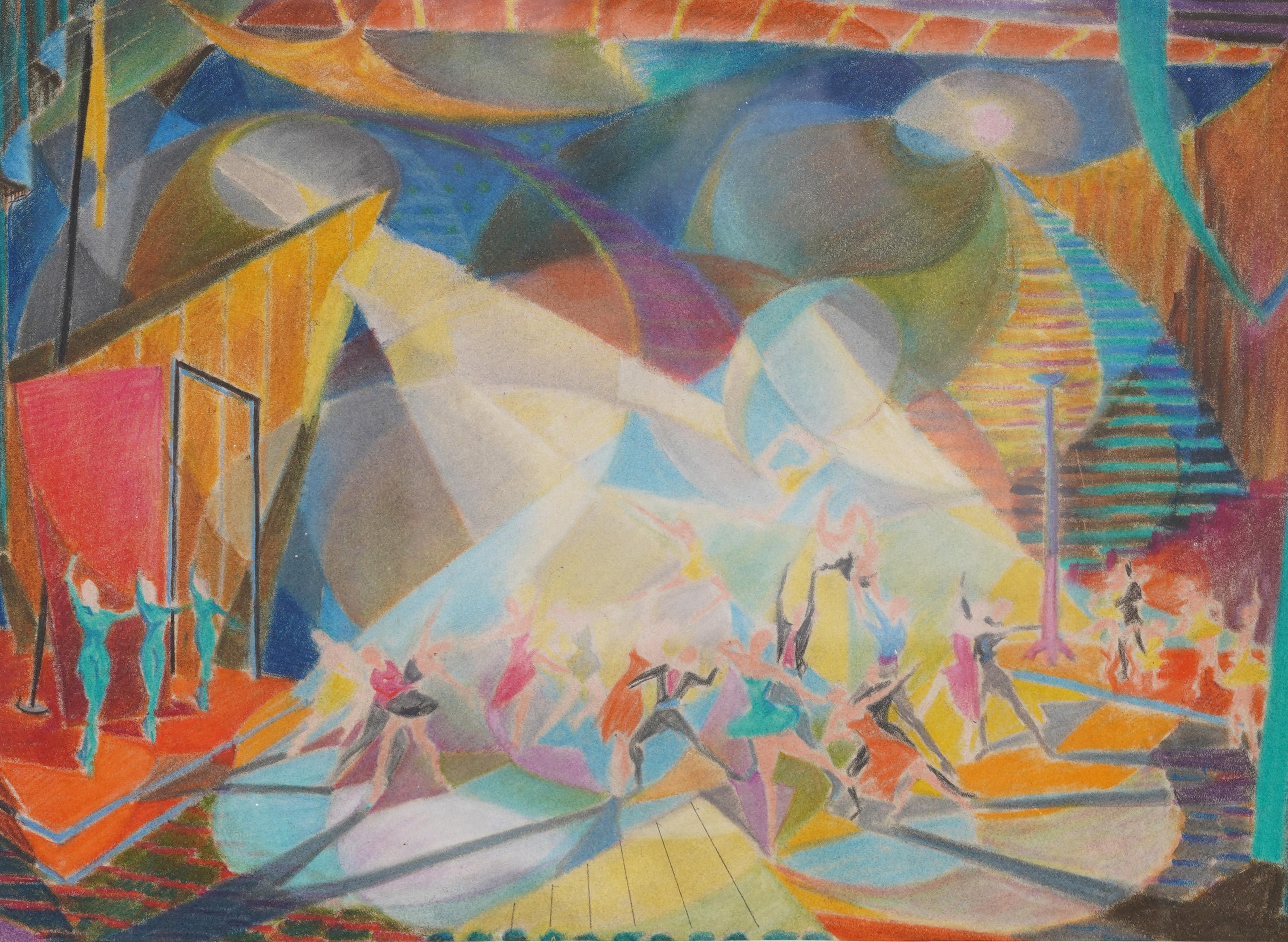 Antico dipinto originale modernista americano cubista di ballerine, incorniciato - Figurative Painting Marrone di Unknown