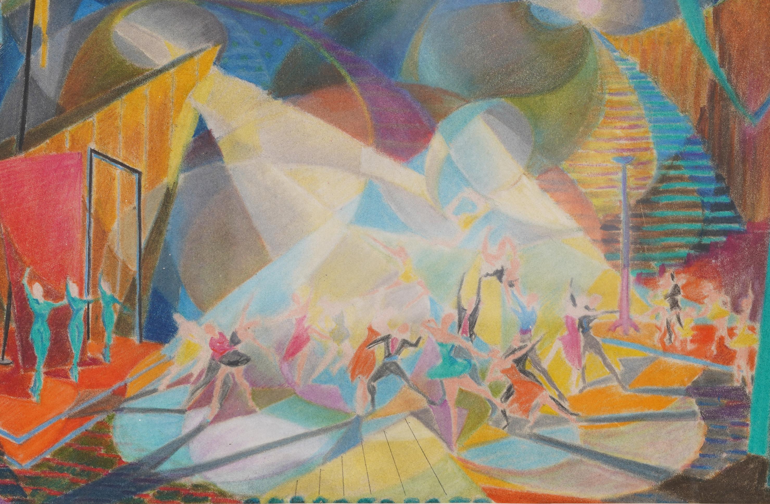 Una scena di balletto modernista molto ben eseguita.   Pastello e gouache su carta.   Splendidamente incorniciato.   Dimensioni dell'immagine, 12H per 16L.