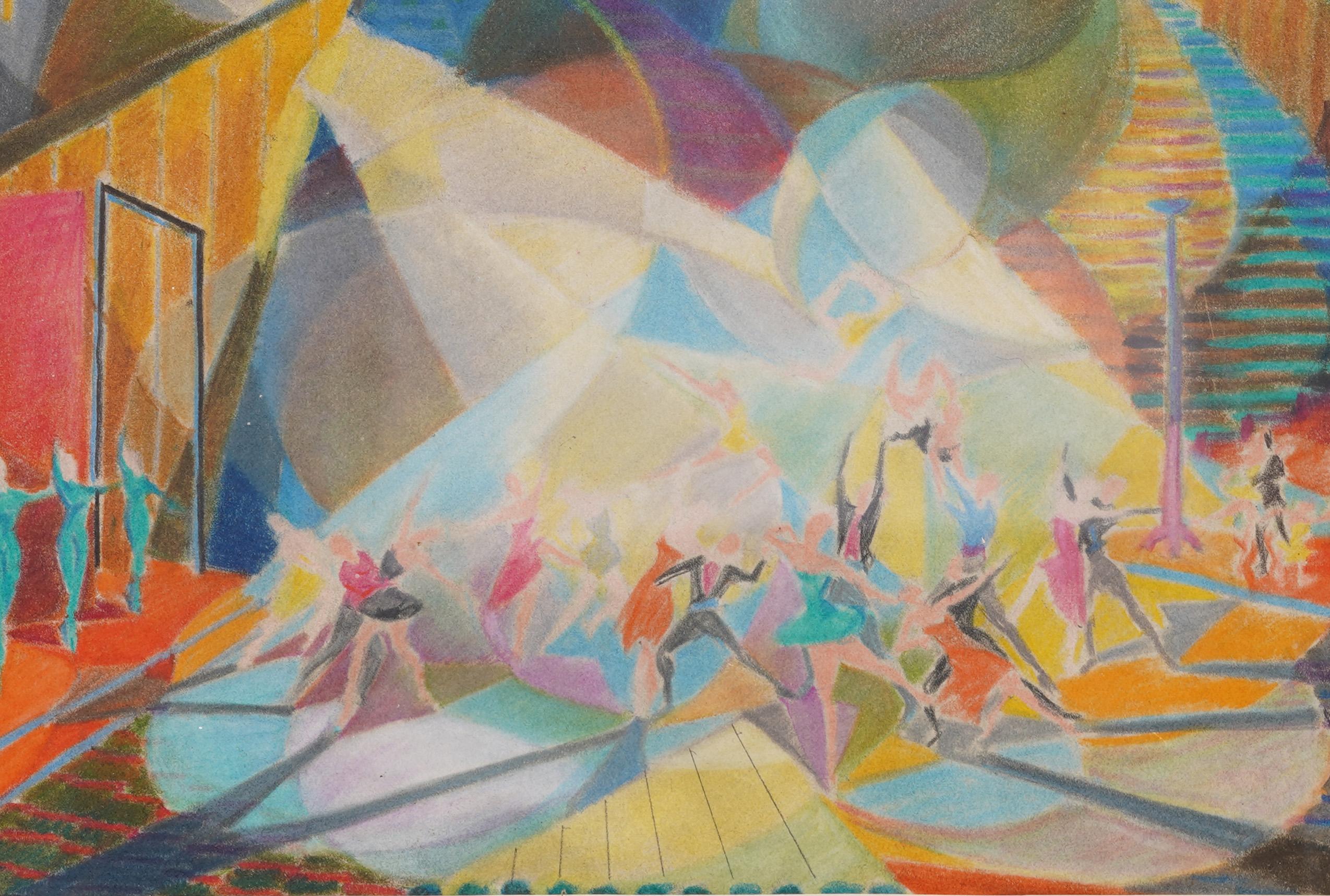 Antico dipinto originale modernista americano cubista di ballerine, incorniciato in vendita 1
