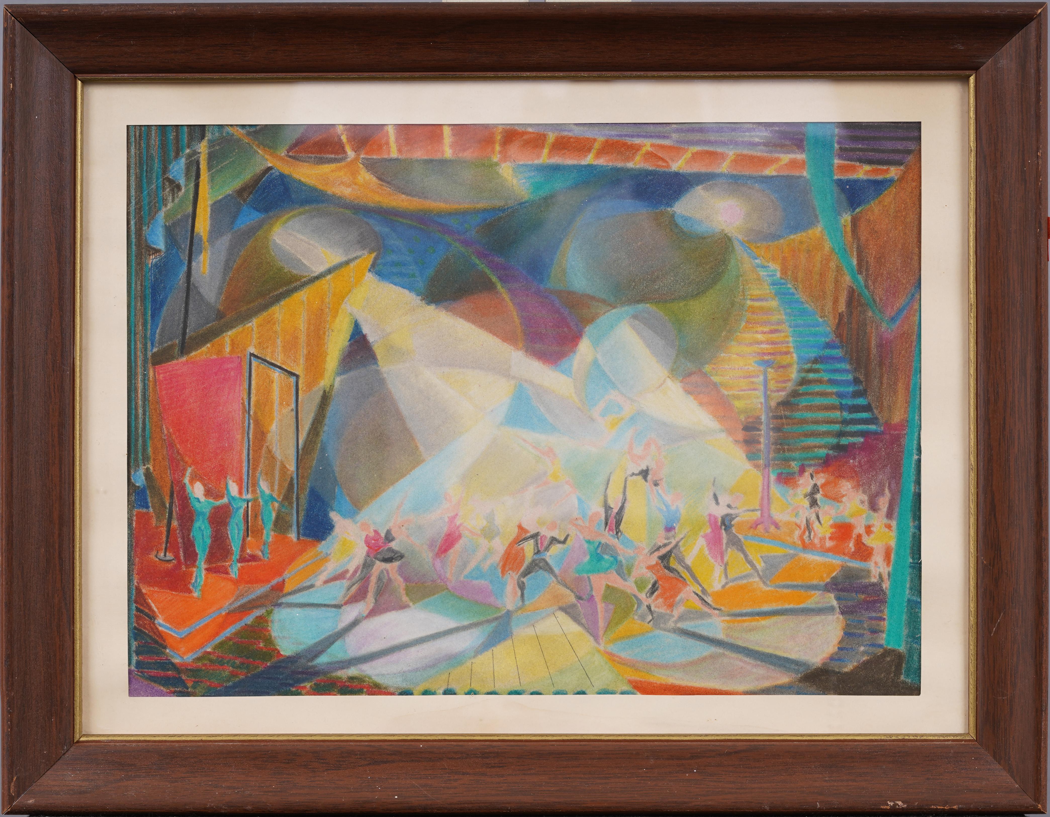 Antico dipinto originale modernista americano cubista di ballerine, incorniciato