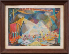 Antico dipinto originale modernista americano cubista di ballerine, incorniciato