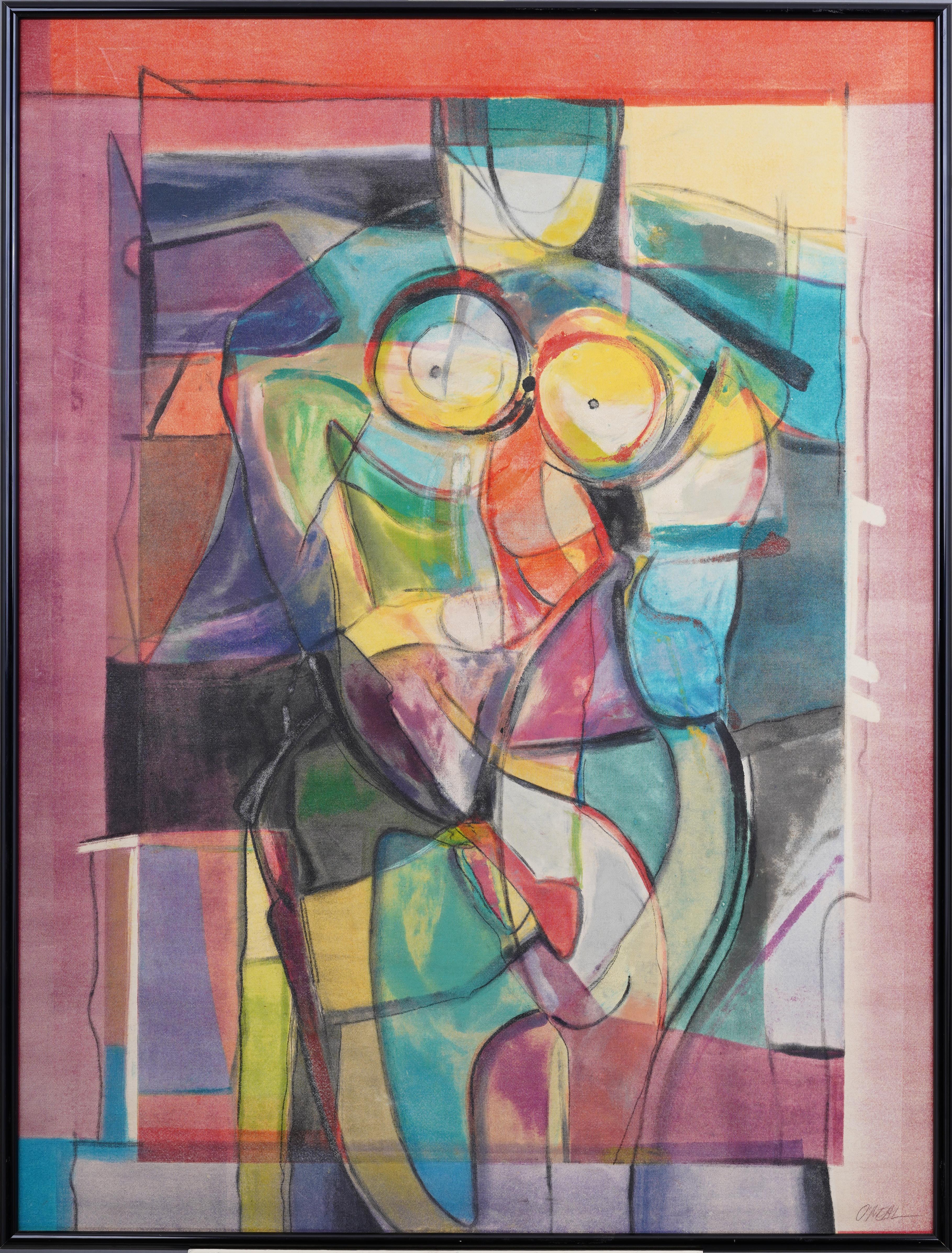 Antico dipinto ad olio americano modernista cubista astratto nudo con cornice e firma - Painting di Unknown
