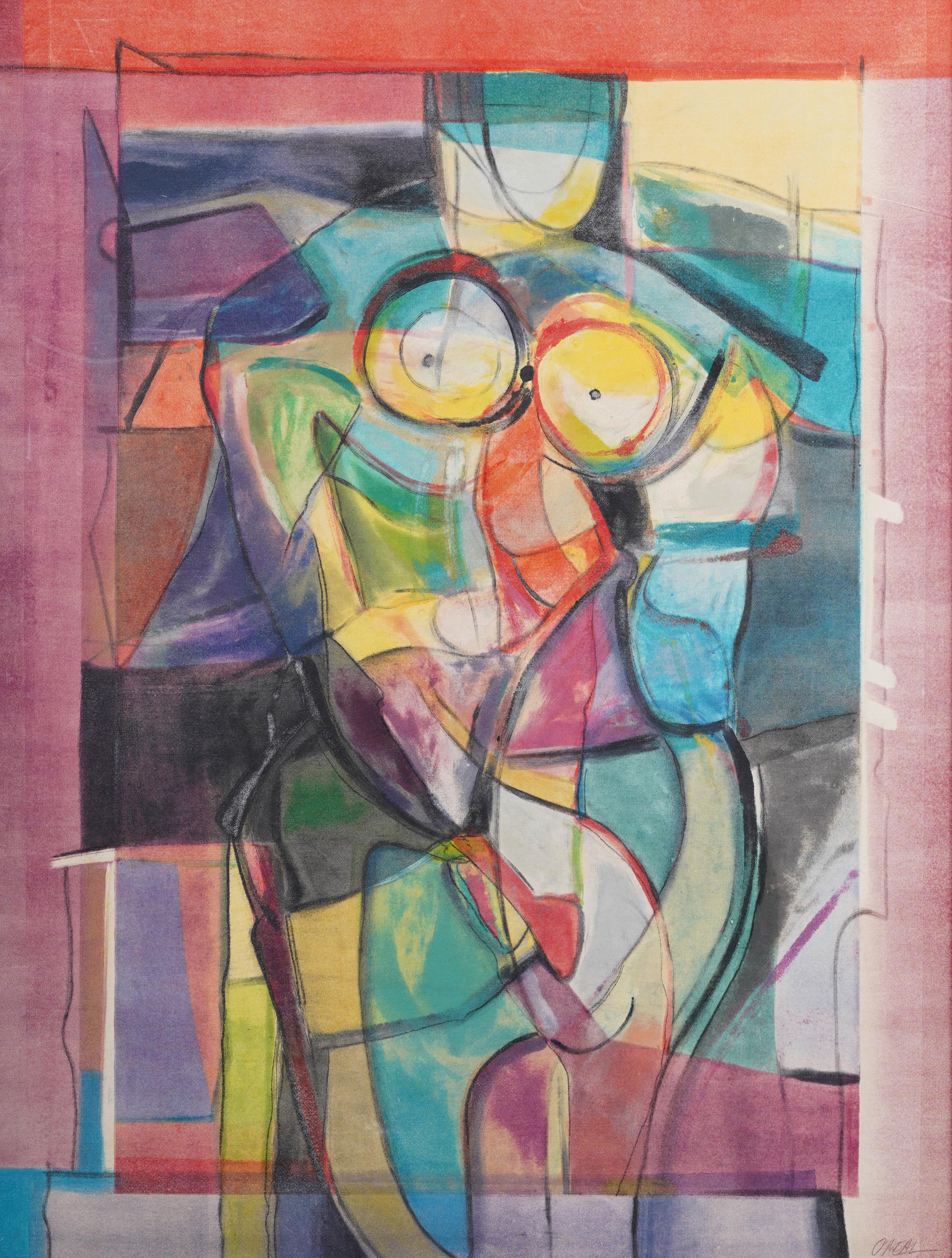 Antico dipinto ad olio americano modernista cubista astratto nudo con cornice e firma - Painting Cubismo di Unknown