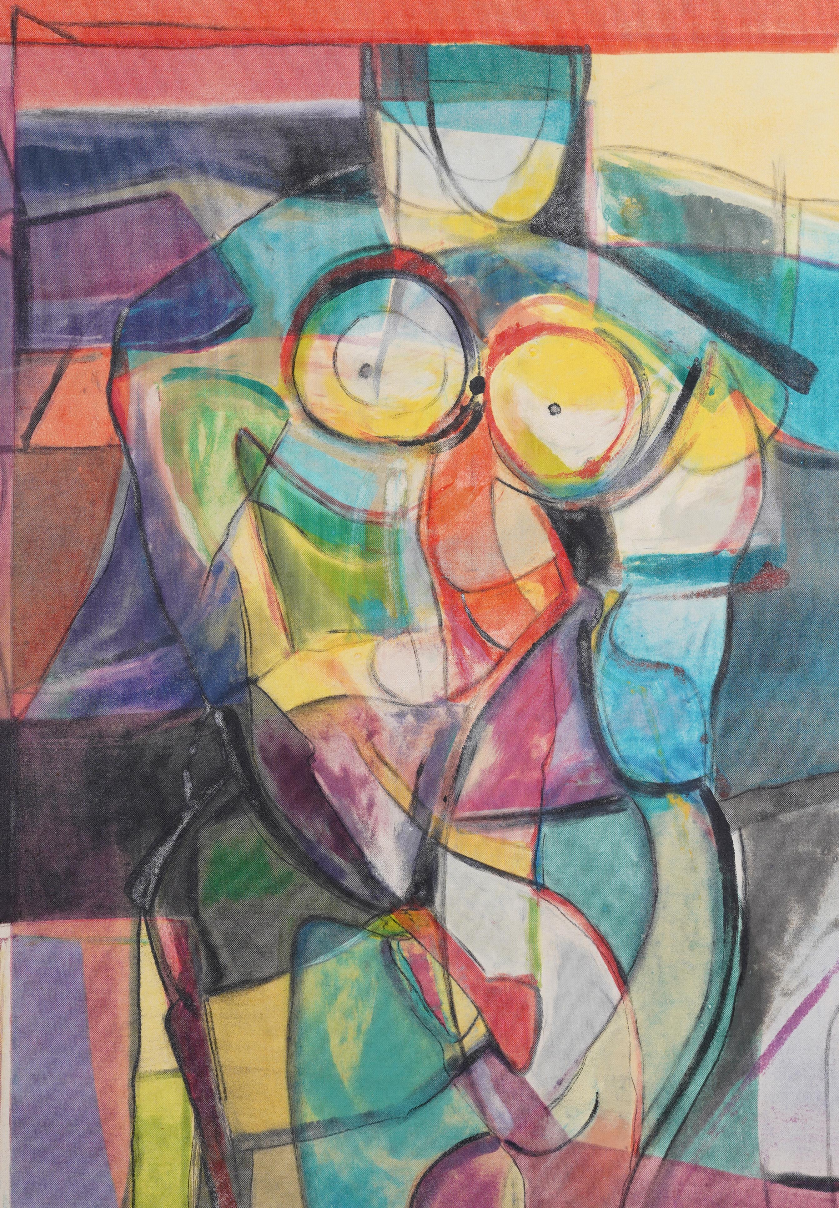 Dipinto ad olio di nudo cubista astratto della metà del secolo.  Ottimo colore e composizione.  Incorniciato.  Firmato