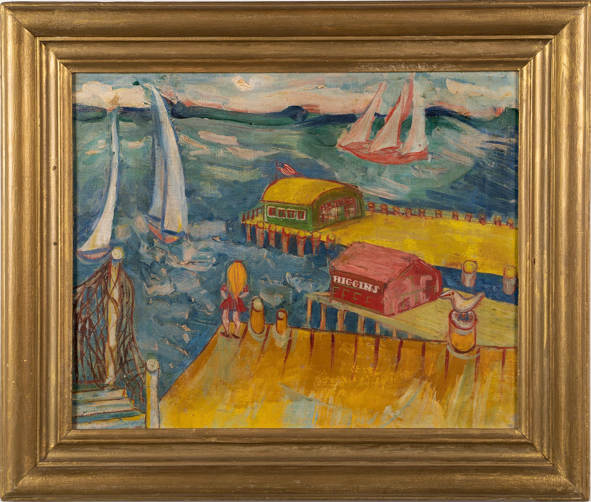 Antique American Modernist Dockside Harbor Folk Seascape Exhibited Oil Painting 