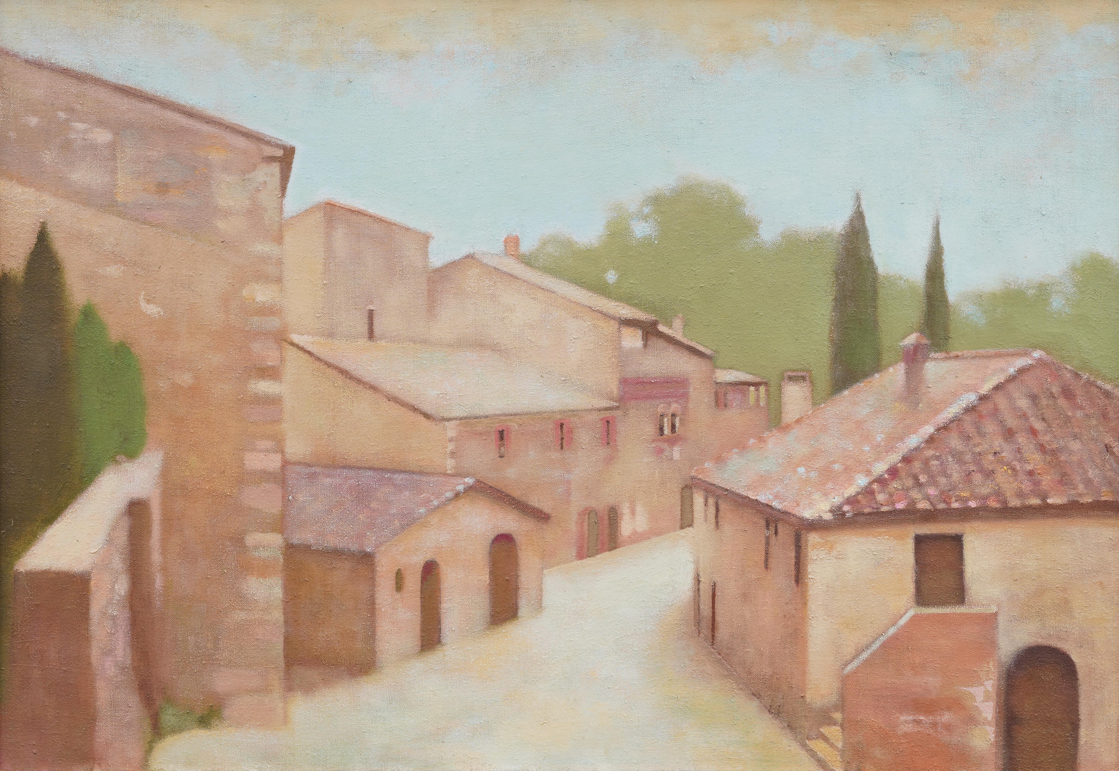 Pintura al óleo enmarcada Antigua escena callejera europea modernista americana - Landscape Painting Marrón de Unknown
