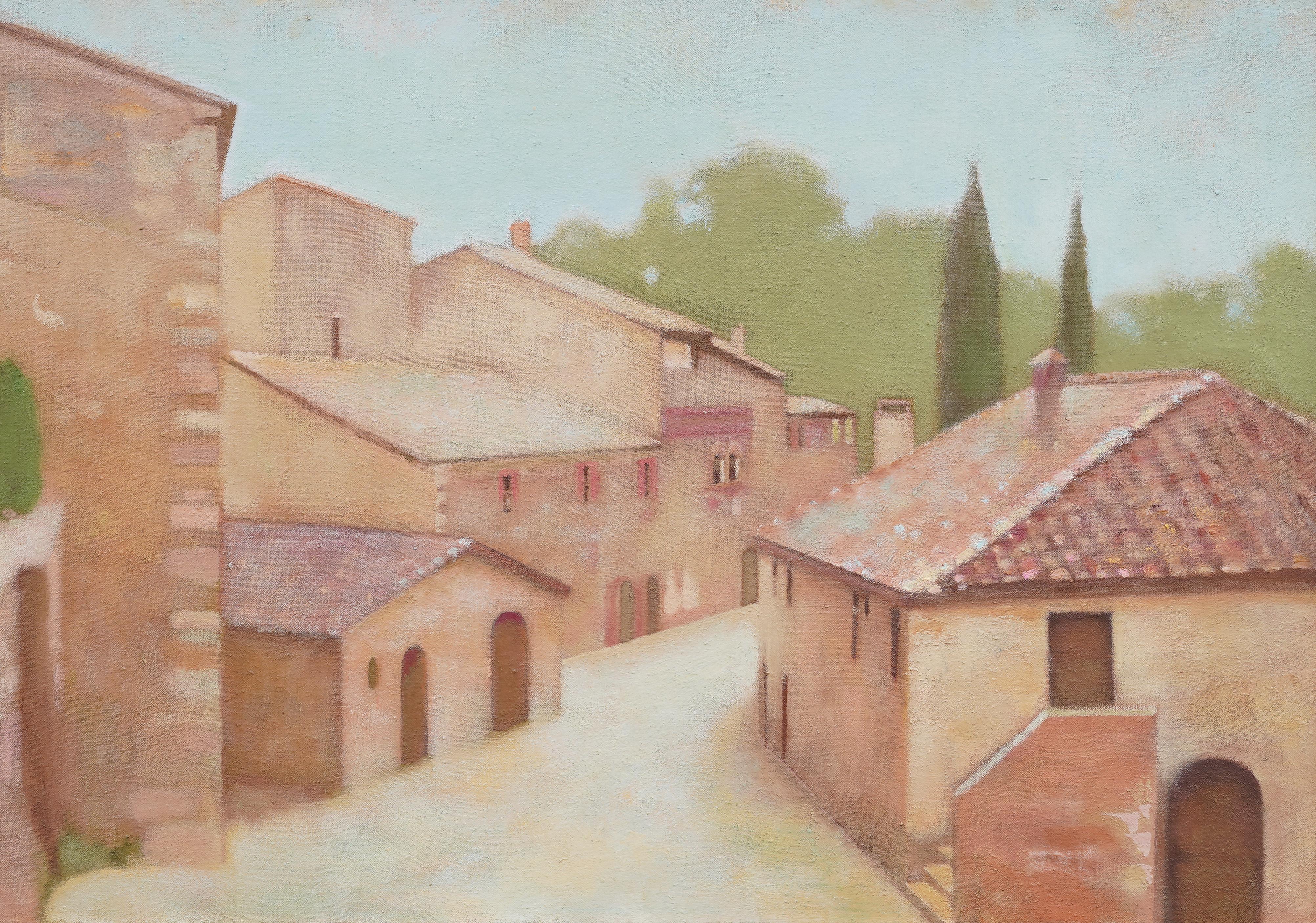 Antigua pintura al óleo de escena callejera modernista americana.  Óleo sobre lienzo.  Enmarcado.  Tamaño de la imagen, 29L x 20H.