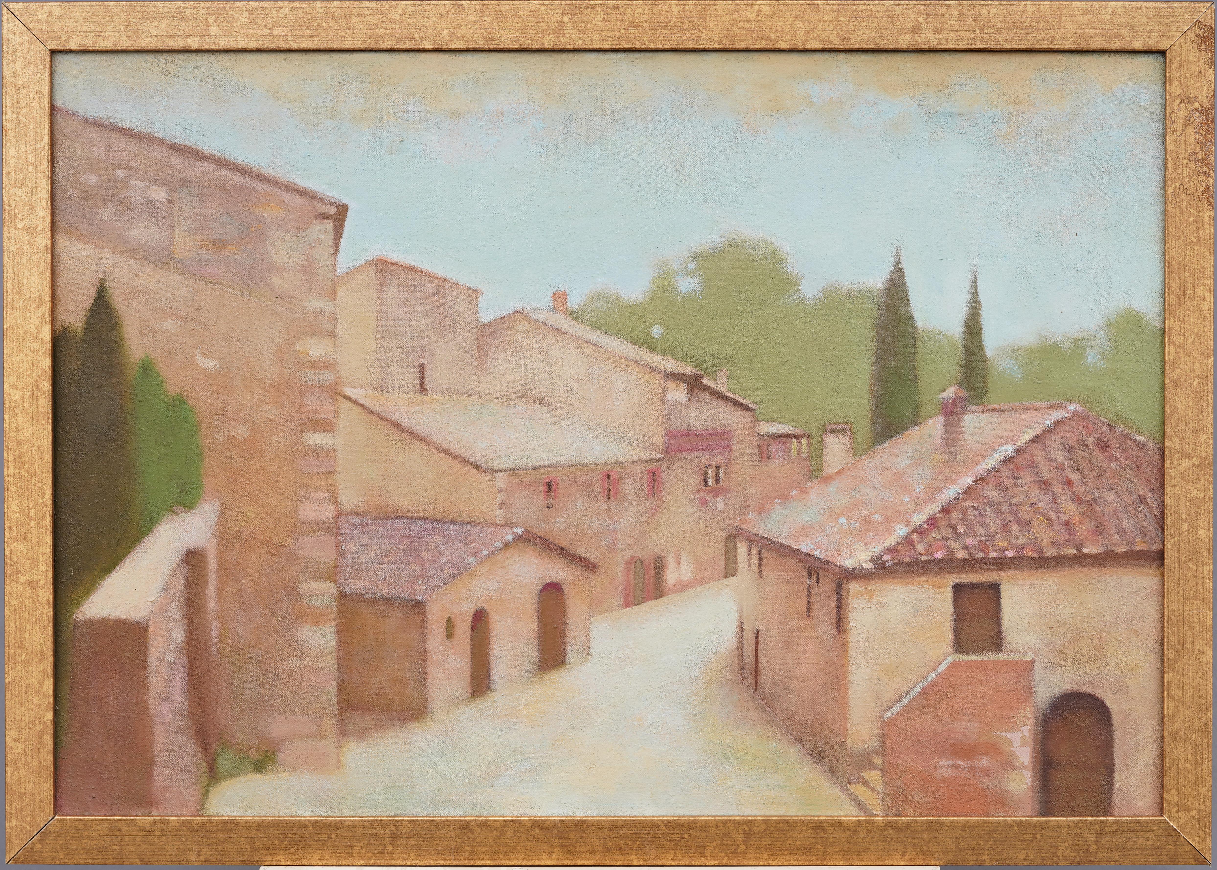 Ancienne peinture à l'huile américaine, moderniste, représentant une scène de rue européenne encadrée