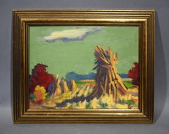 Antique American Modernist Fall Haystack Sunset Signed Landscape Oil Painting