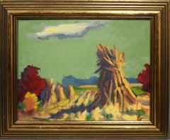 Antique American Modernist Fall Haystack Sunset Signed Landscape Oil Painting