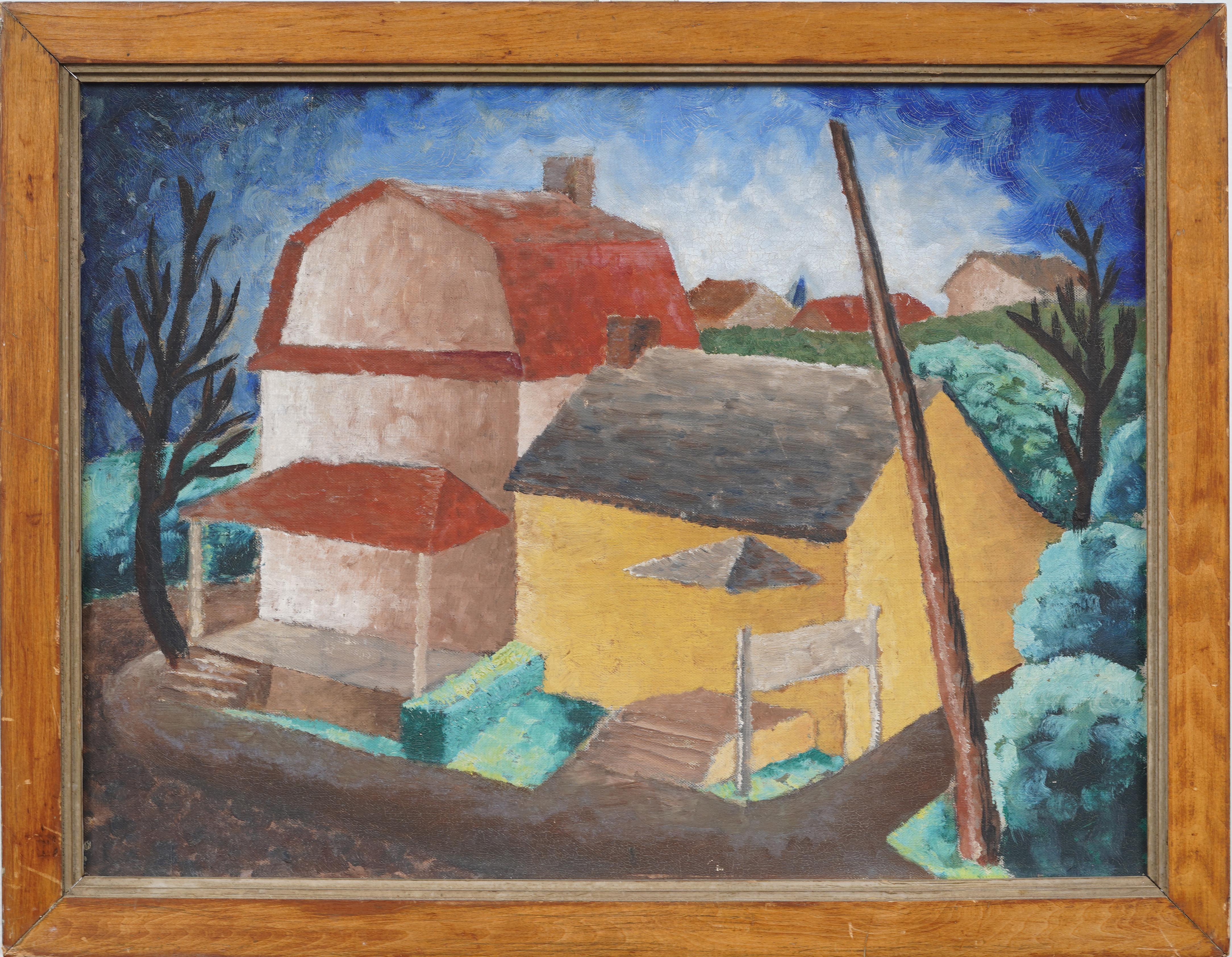 Antike amerikanische Modernist Fauvist Scheune Ländliche Landschaft Gerahmte Ölgemälde – Painting von Unknown