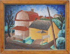 Antique American Modernist Fauvist Barn Rural Landscape Framed Oil Painting