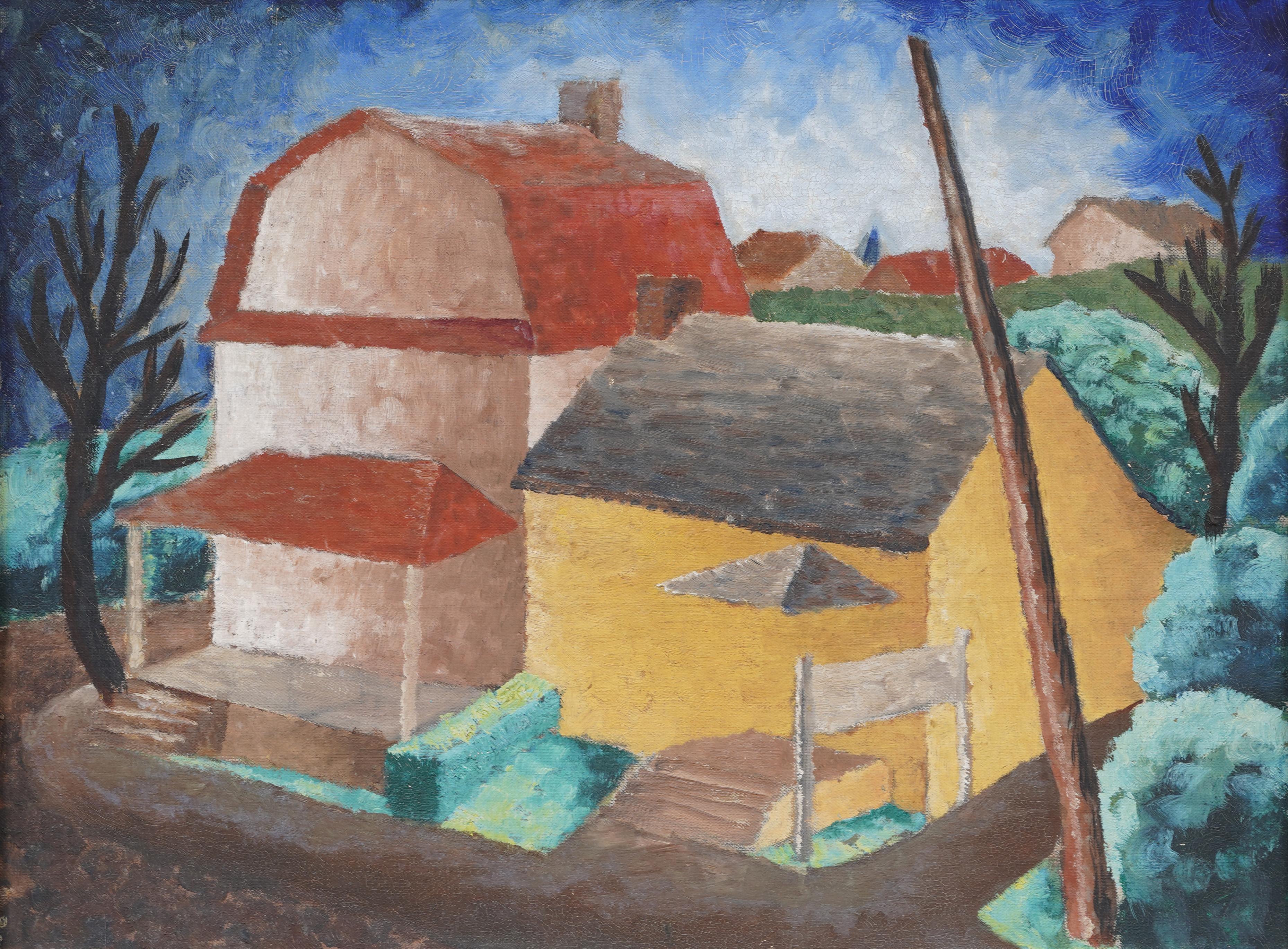 Antike amerikanische Modernist Fauvist Scheune Ländliche Landschaft Gerahmte Ölgemälde (Moderne), Painting, von Unknown