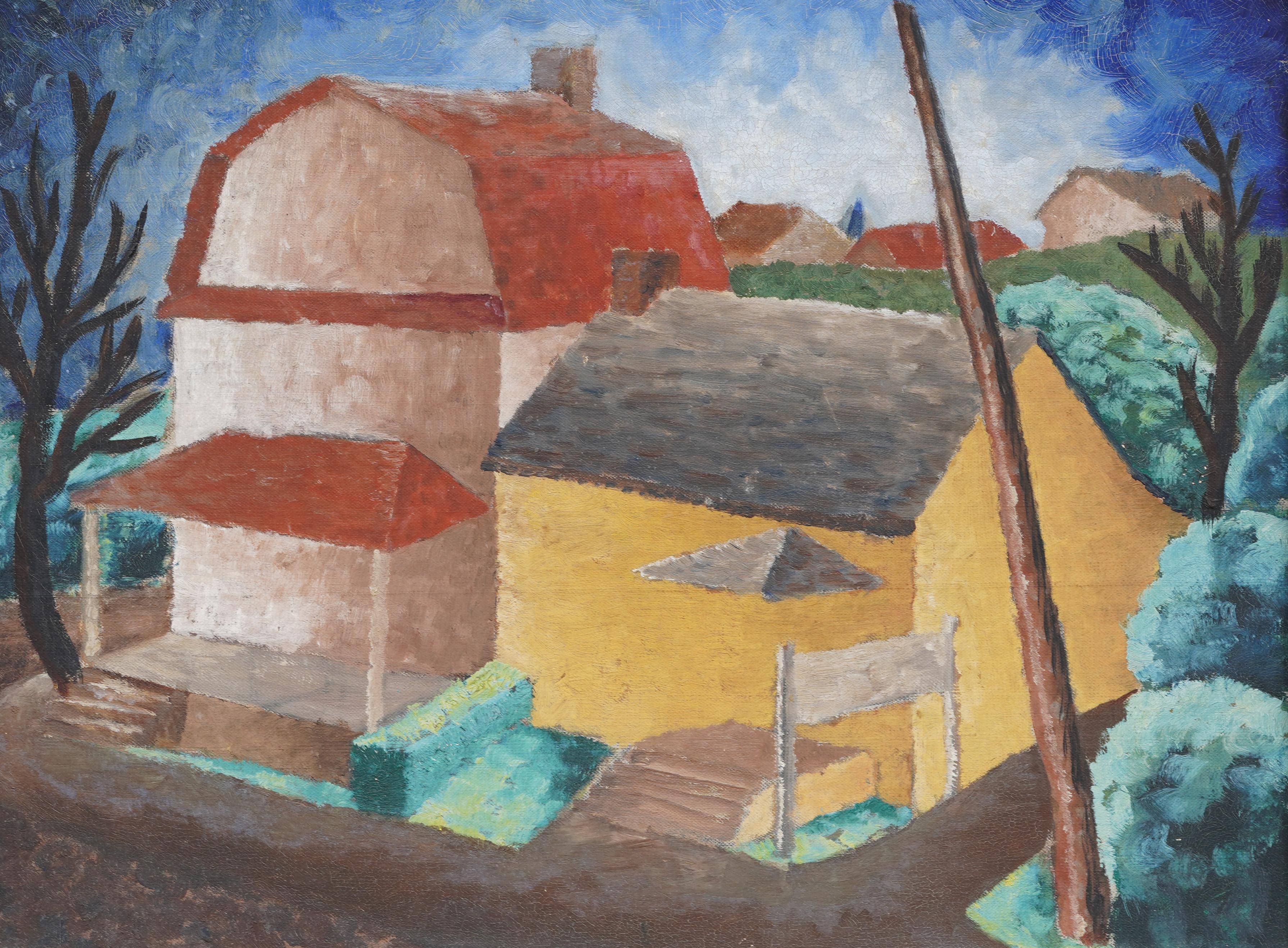 Antike amerikanische Modernist Fauvist Scheune Ländliche Landschaft Gerahmte Ölgemälde (Braun), Abstract Painting, von Unknown