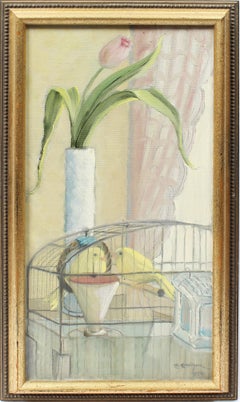 Antique American Modernist Flower and Bird Still Life Signed Original Painting