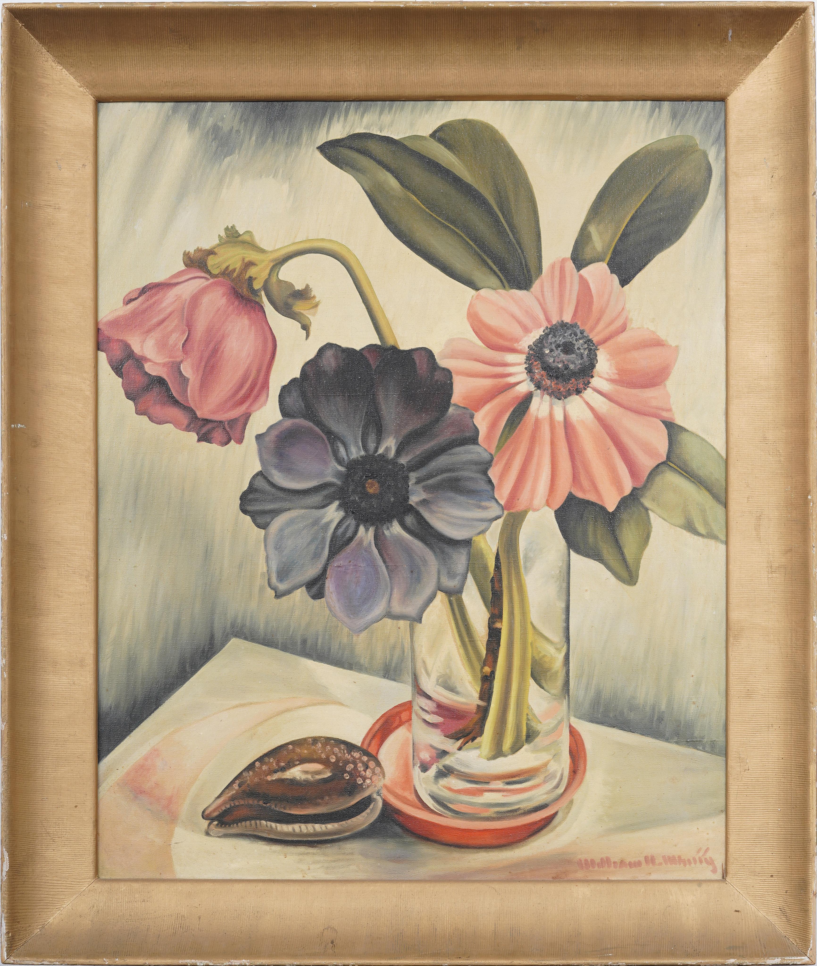 Antique American Modernist Flower Still Life Interior View Framed Oil Painting - Brown Still-Life Painting by Unknown