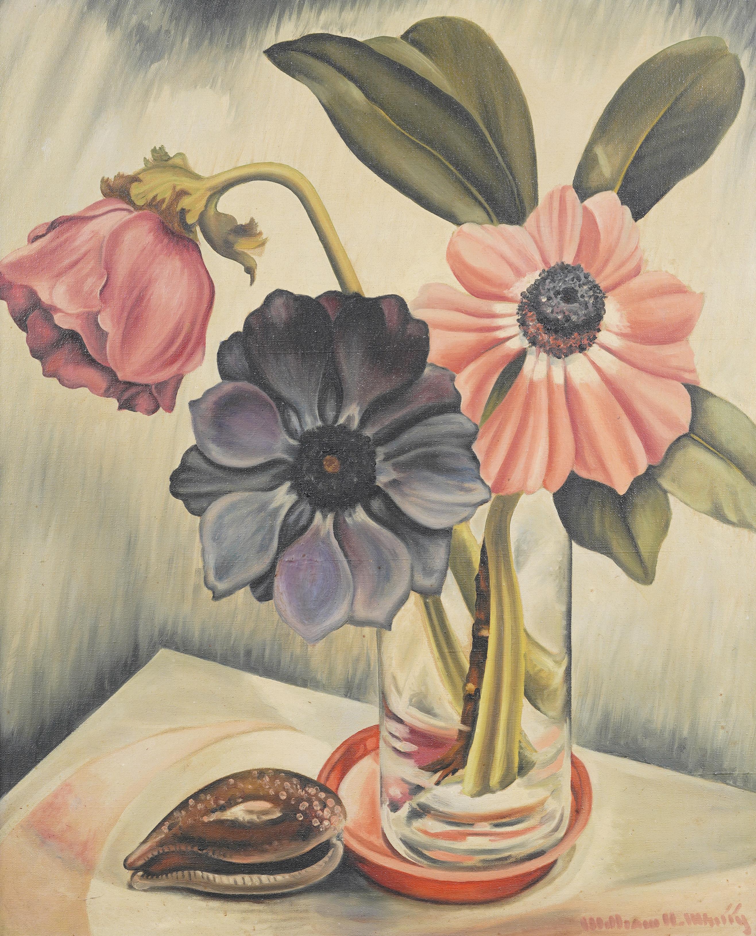Impressive early American modernist interior flower still life oil painting.  Framed.  Oil on canvas.  Signed.  Image size, 30H by 24L.