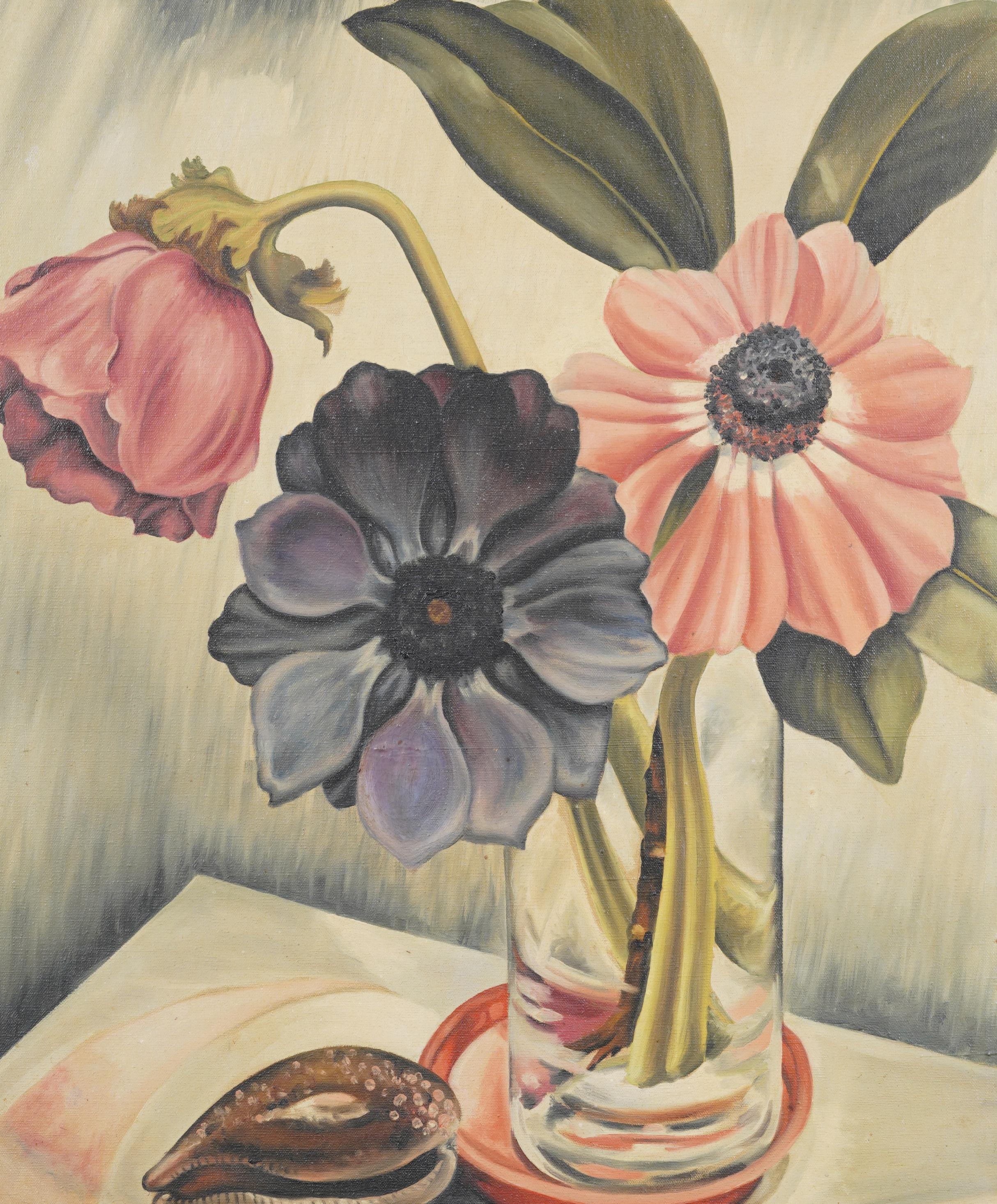 Antique American Modernist Flower Still Life Interior View Framed Oil Painting For Sale 2
