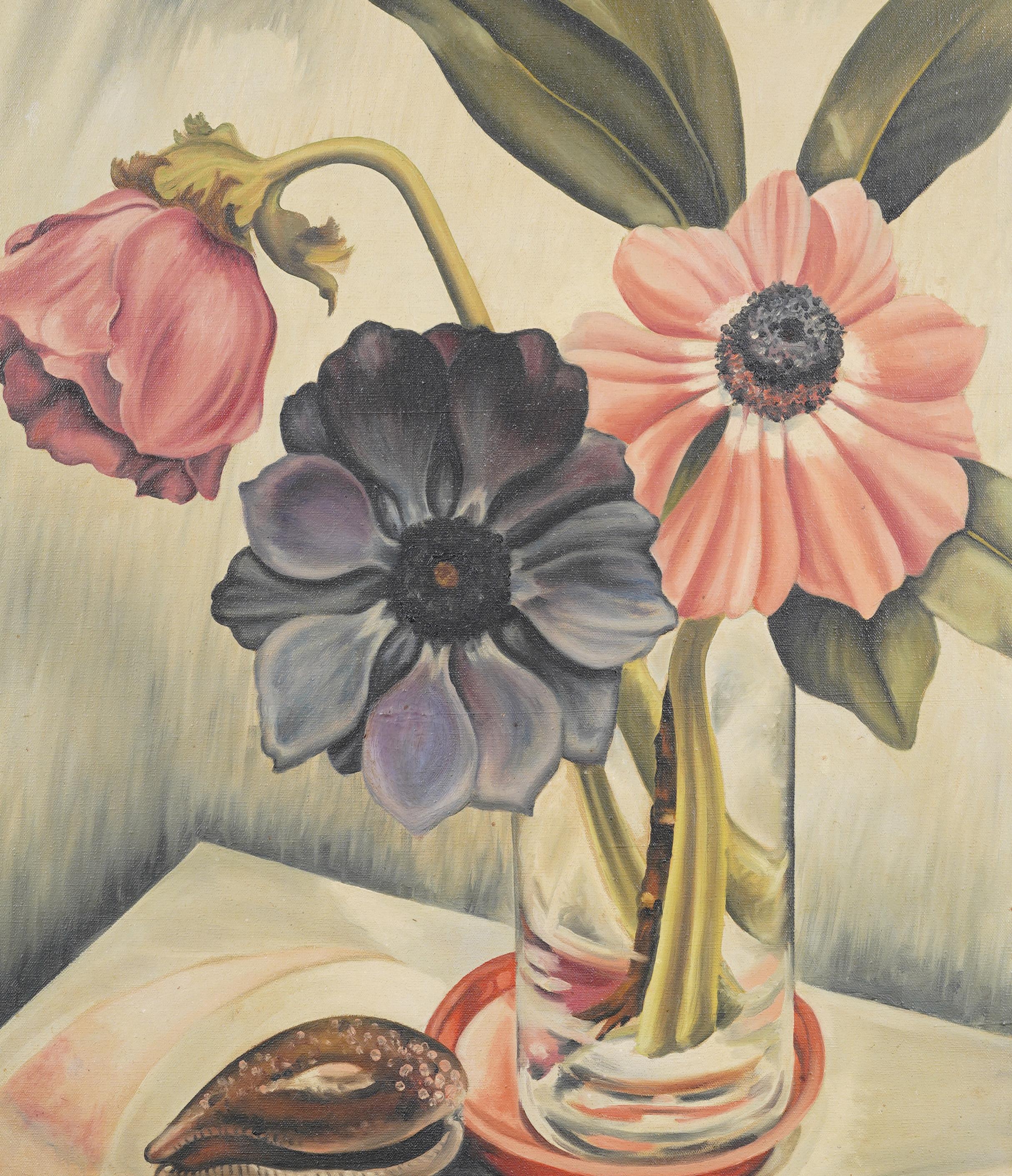 Antique American Modernist Flower Still Life Interior View Framed Oil Painting For Sale 3